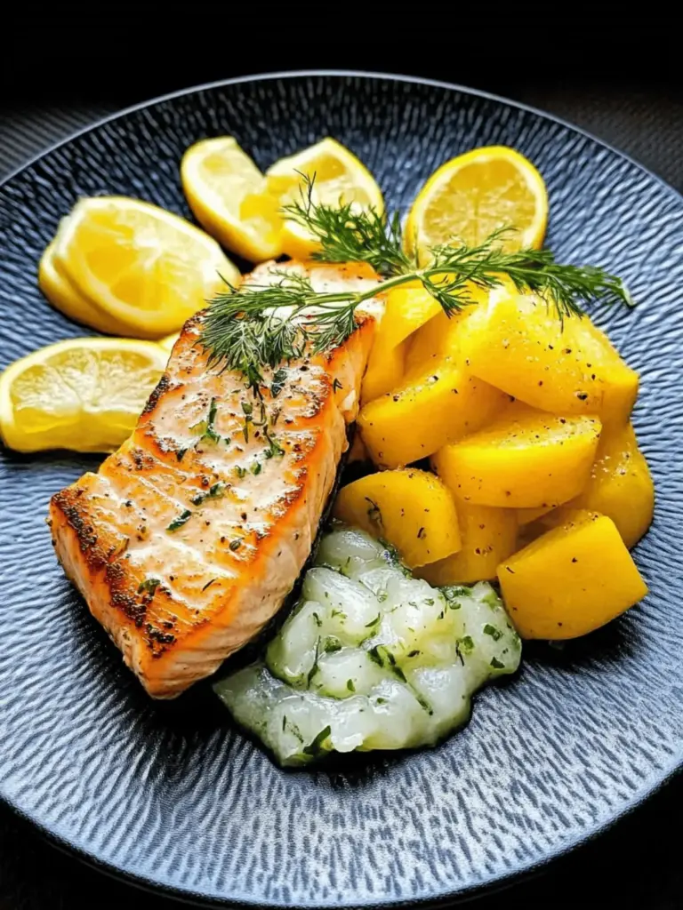 Fried salmon fillets with potatoes and cucumber salad