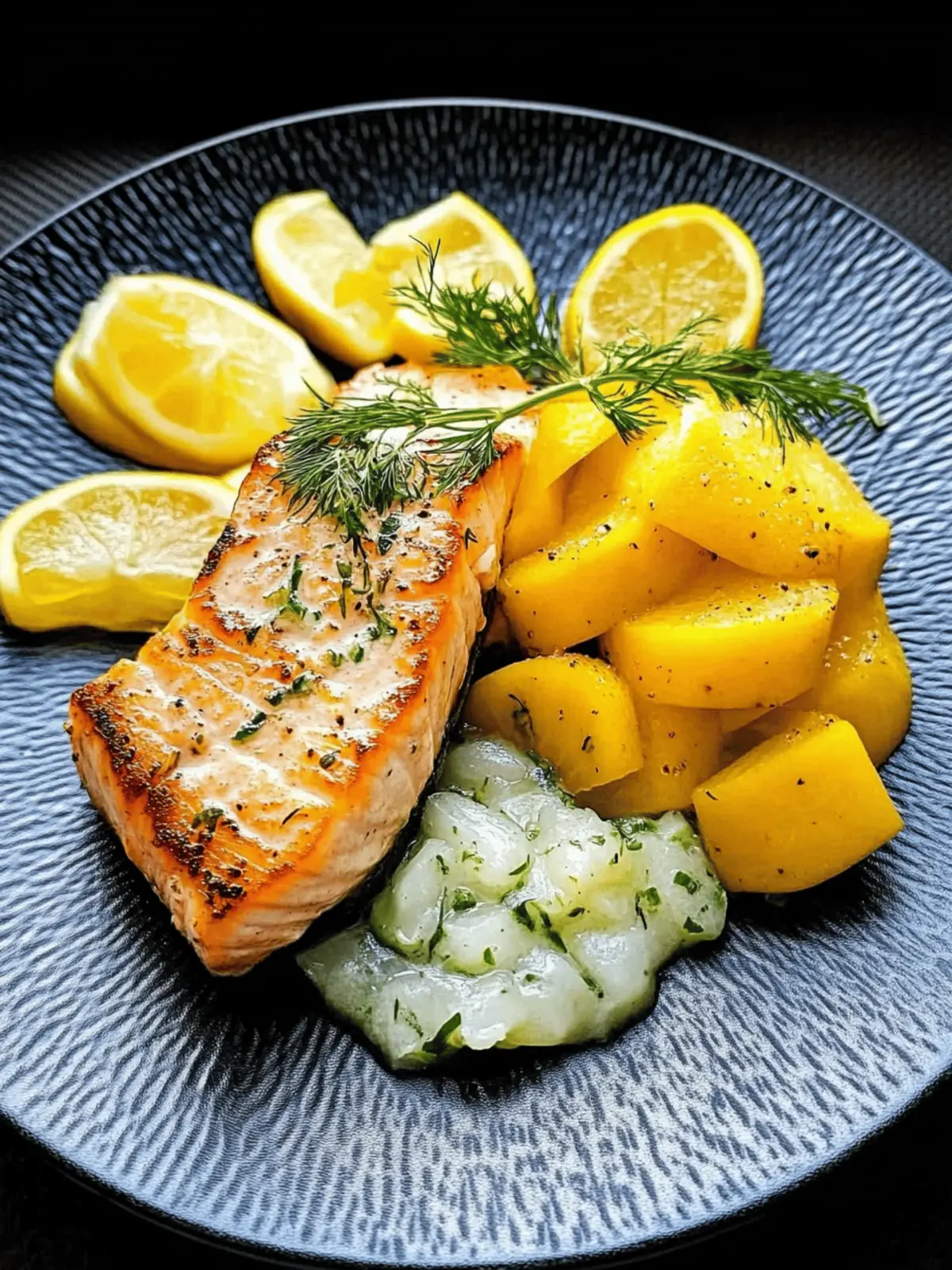 Fried salmon fillets with potatoes and cucumber salad