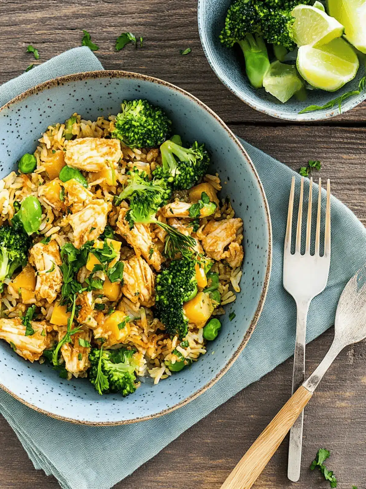 Chicken rice pan with broccoli and corn vegetables