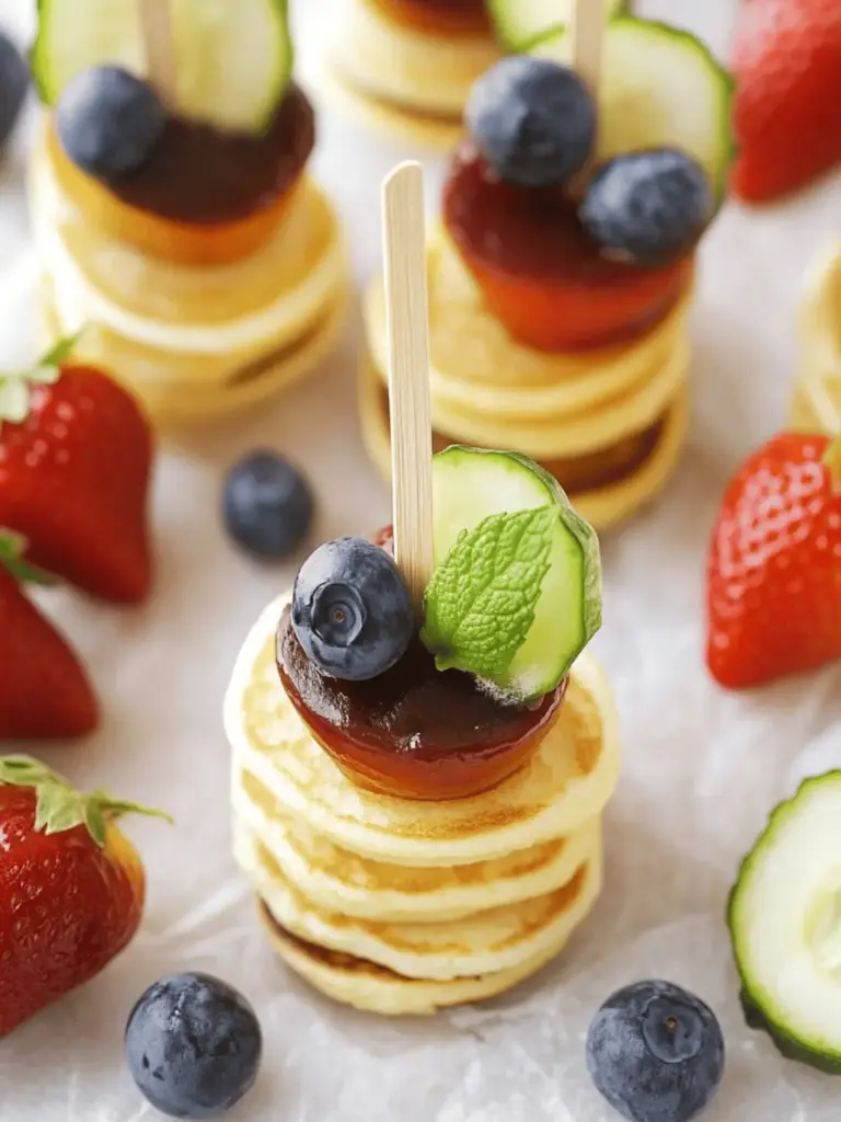 Mini-Pancake-Spieße mit Erdbeeren, Banane, Schoko