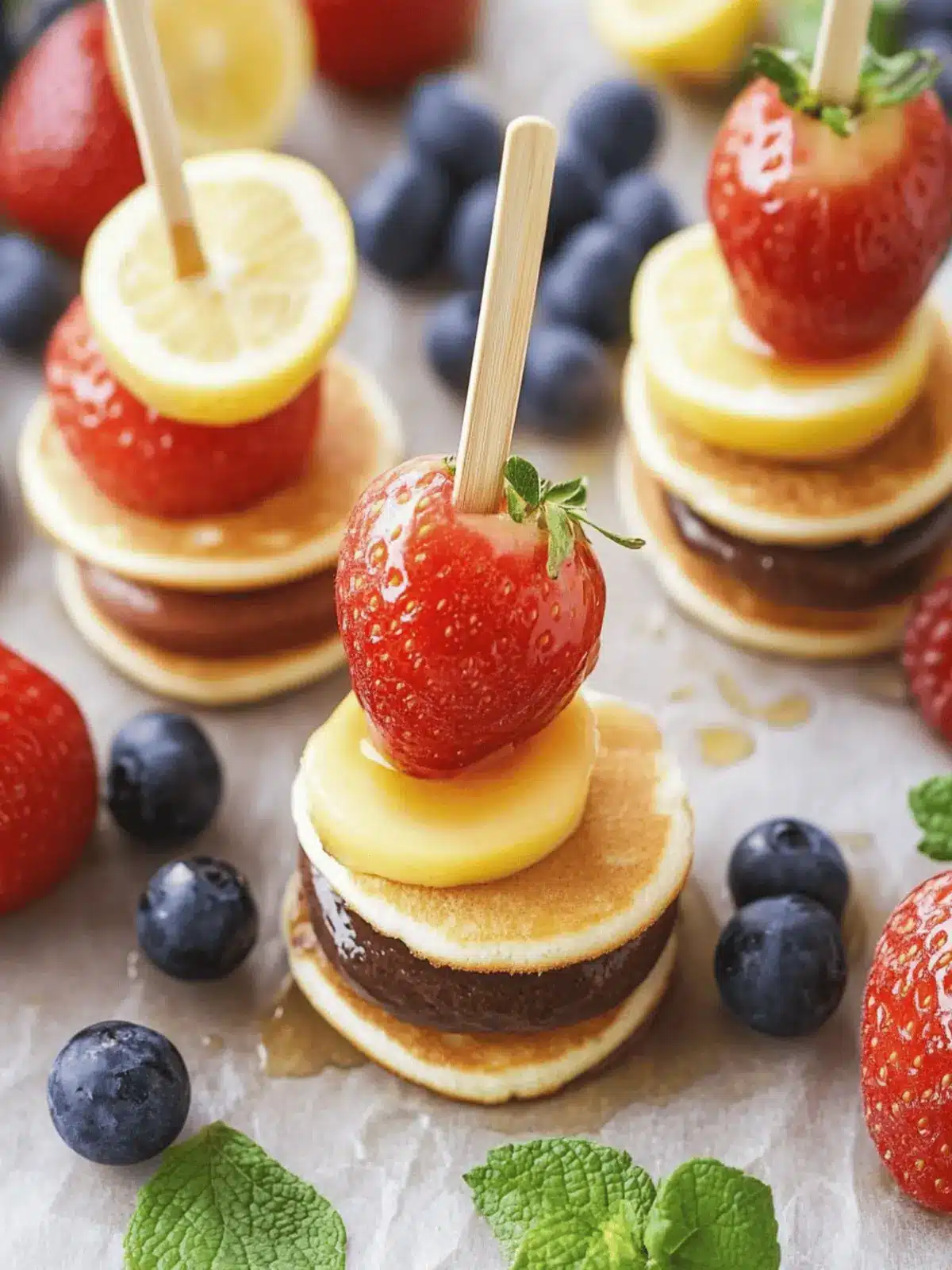 Mini-Pancake-Spieße mit Erdbeeren, Banane, Schoko