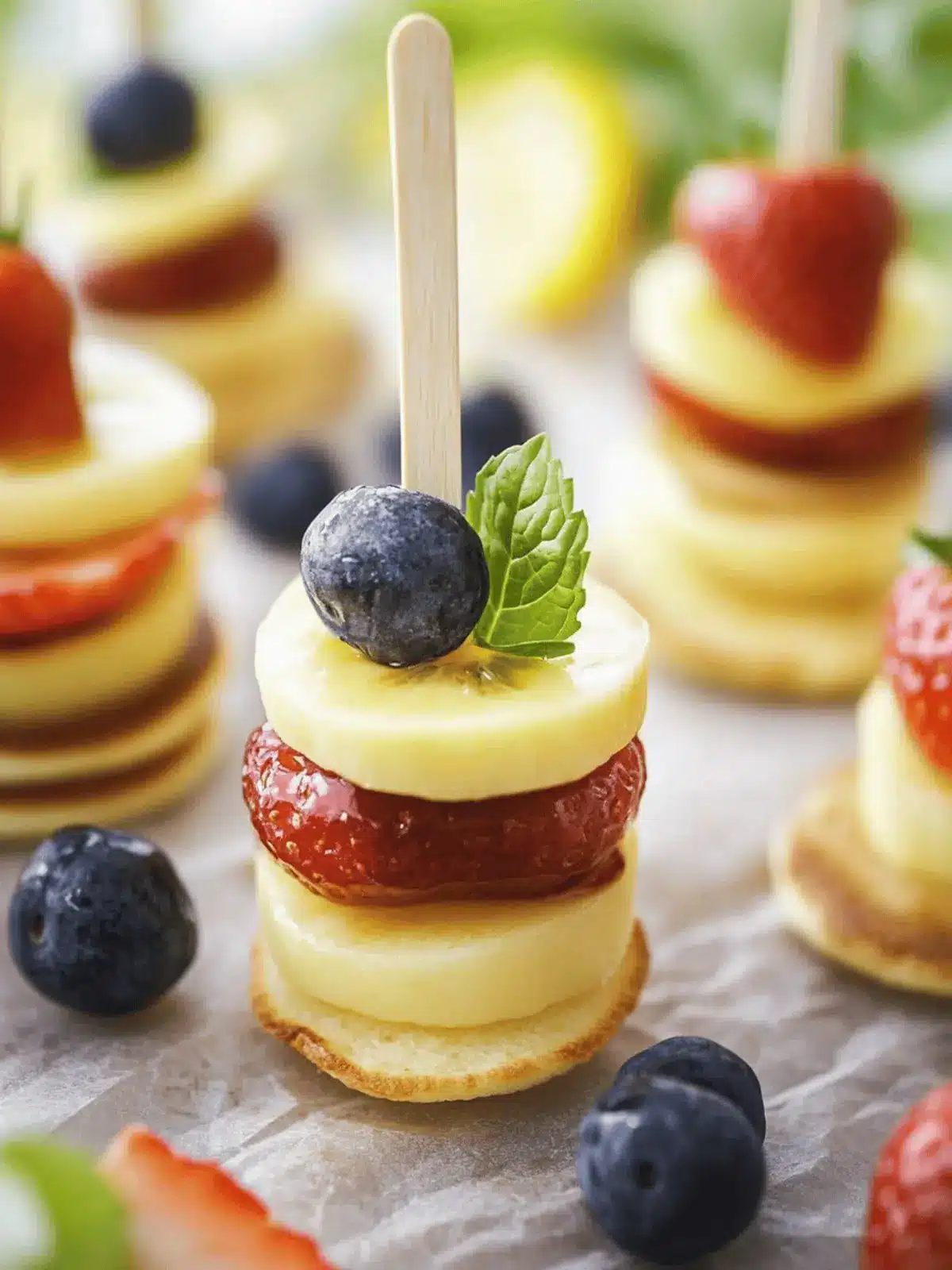 Mini-Pancake-Spieße mit Erdbeeren, Banane, Schoko