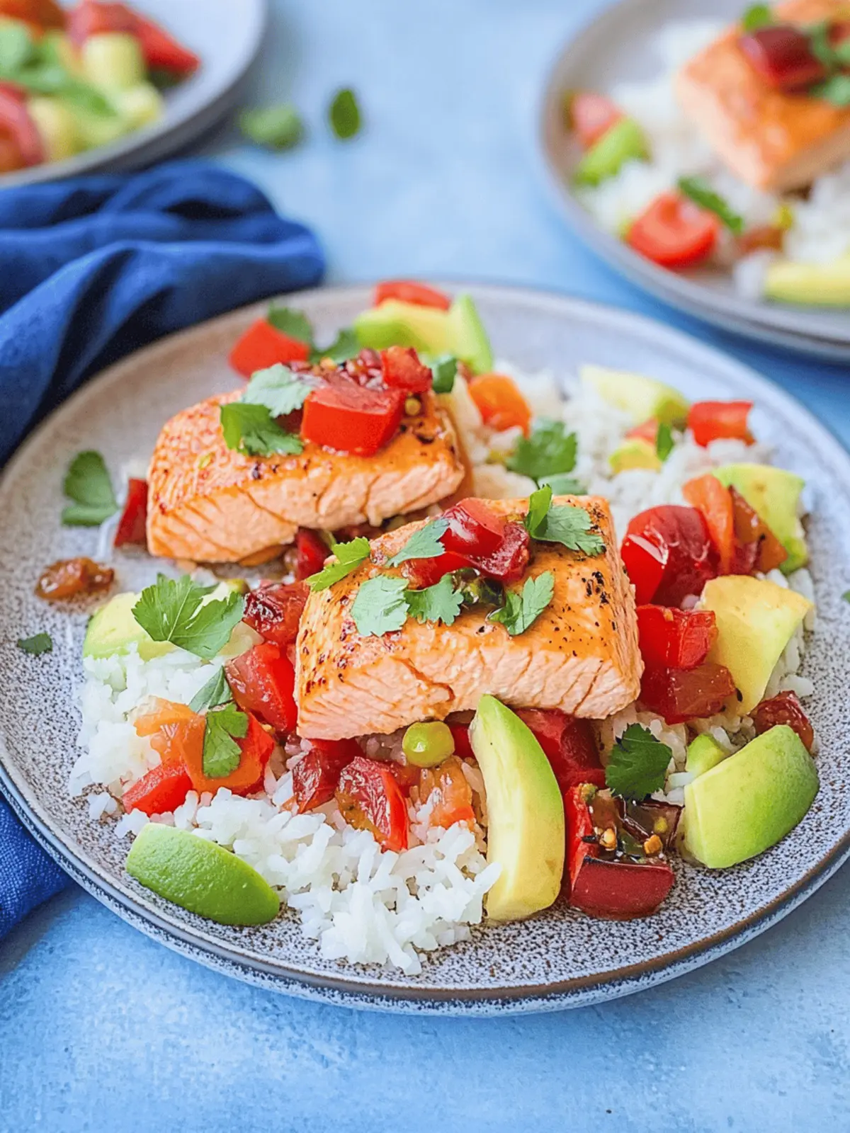 Lachs mit Paprika-Avocado-Salsa und Reis