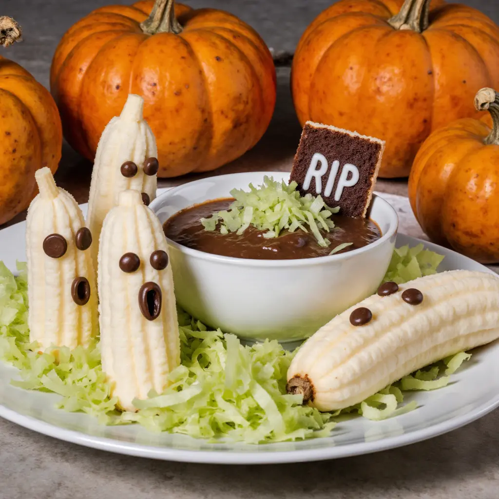 BananGeister mit Schokoladen-Süßkartoffeldip für Halloween