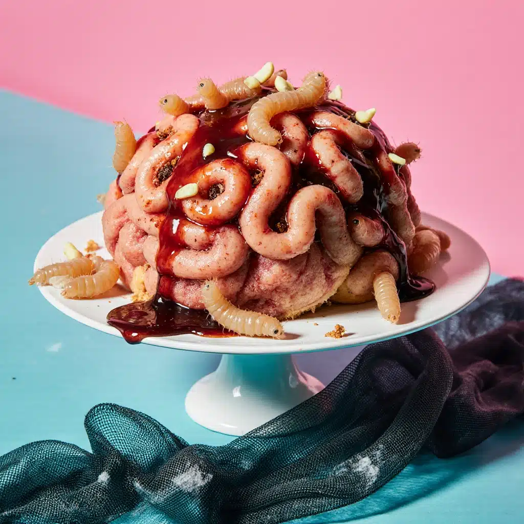Eklige Gehirn Torte mit Maden für das perfekte Halloween