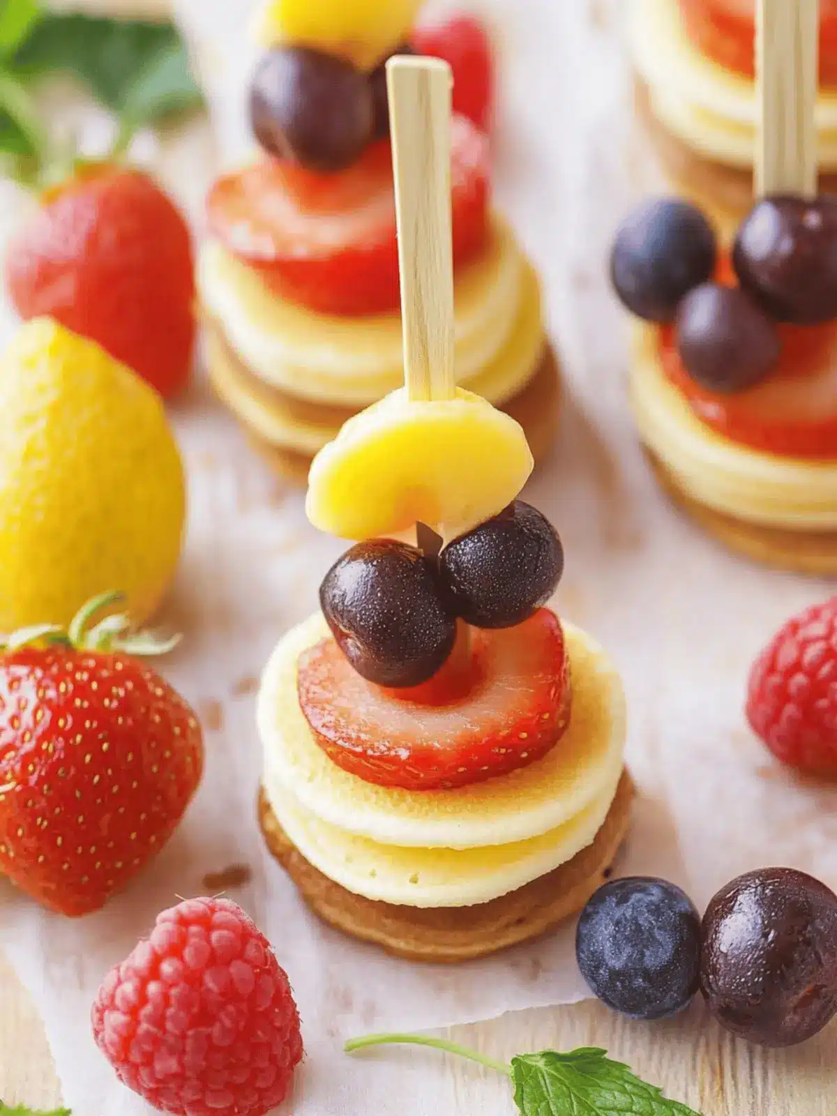 Mini-Pancake-Spieße mit Erdbeeren, Banane, Schoko