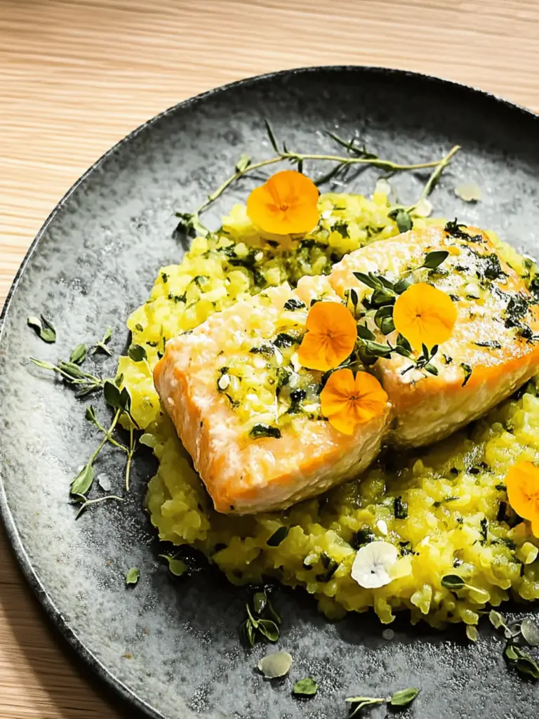 Kürbisrisotto mit Knusperlachs aus dem Ofen