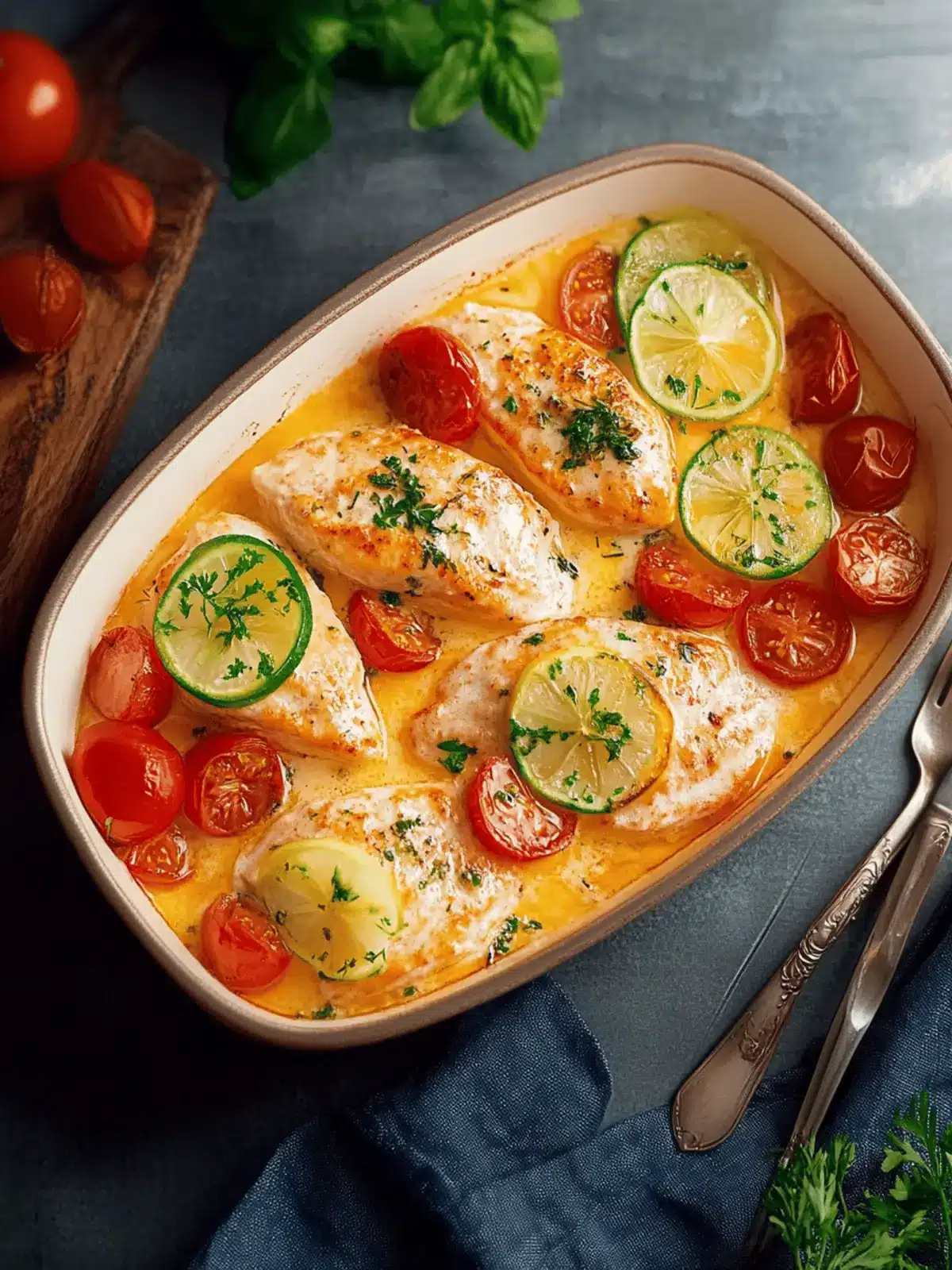 Chicken breast in cream cheese sauce with bell pepper and zucchini from the oven
