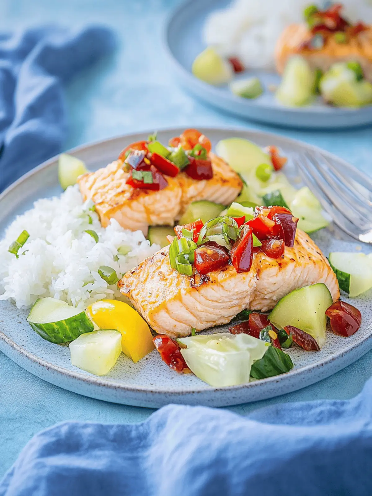 Lachs mit Paprika-Avocado-Salsa und Reis