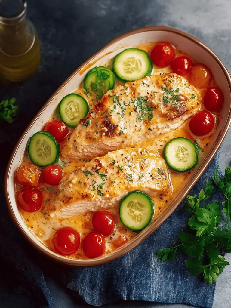 Chicken breast in cream cheese sauce with bell pepper and zucchini from the oven
