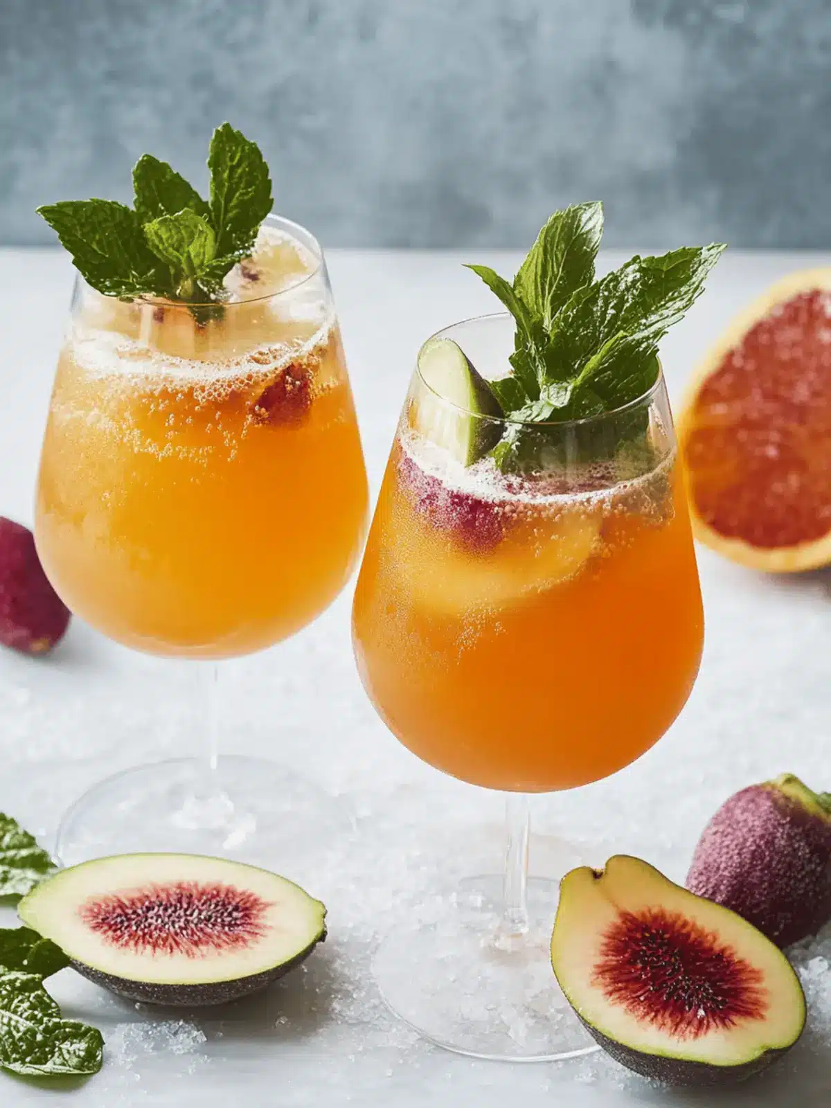 Tasty winter spritz with passion fruit syrup and prosecco