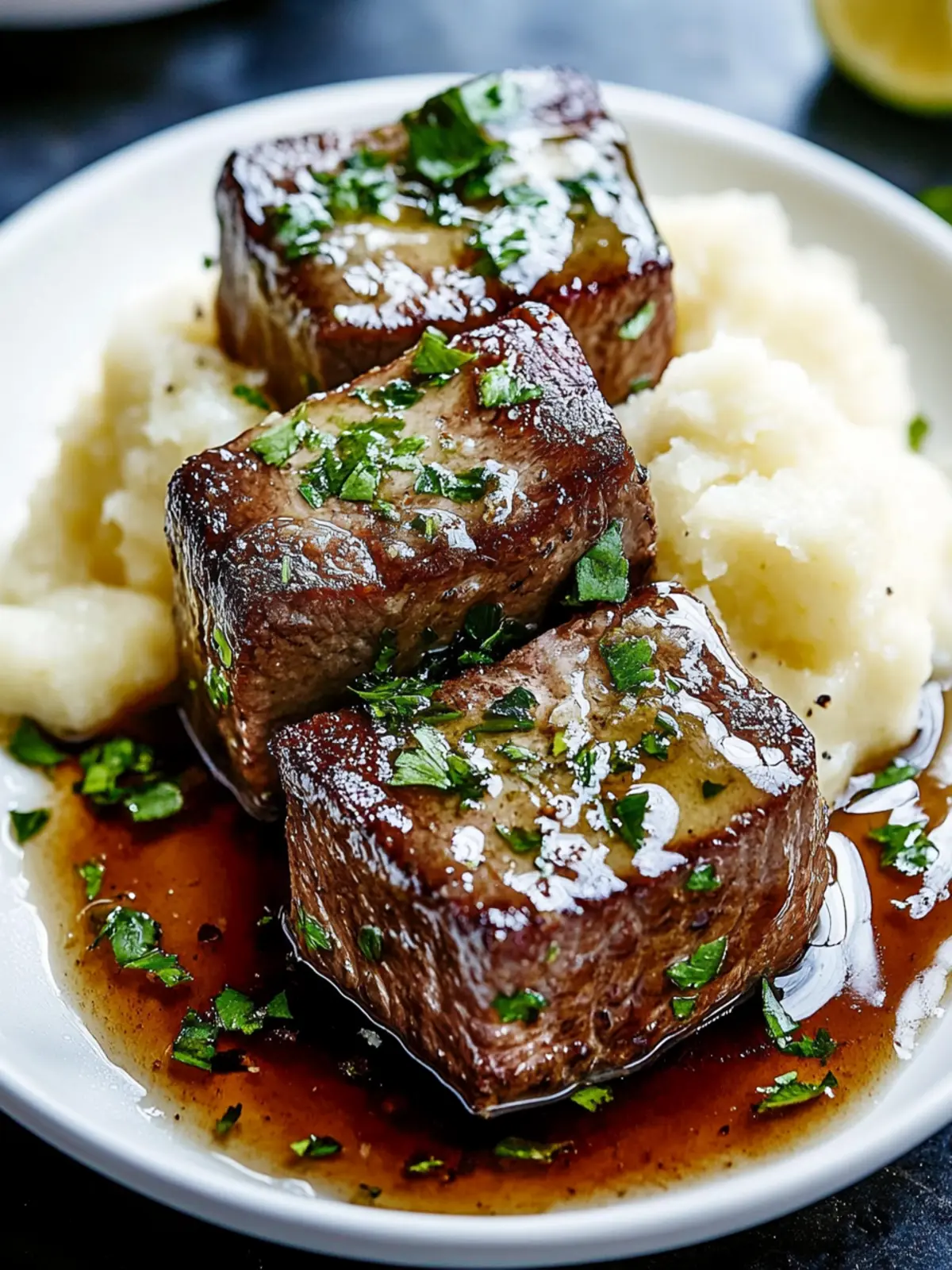 Knoblauchbutter-Rinderbissen mit Kartoffelpüree geniessen 2 Knoblauchbutter-Rinderbissen mit Kartoffelpüree