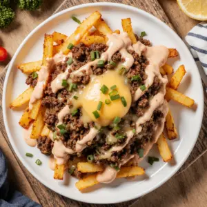 Beladene Pommes Frites mit Hackfleisch und Cheddar 2 Beladene Pommes Frites mit Hackfleisch und Cheddar