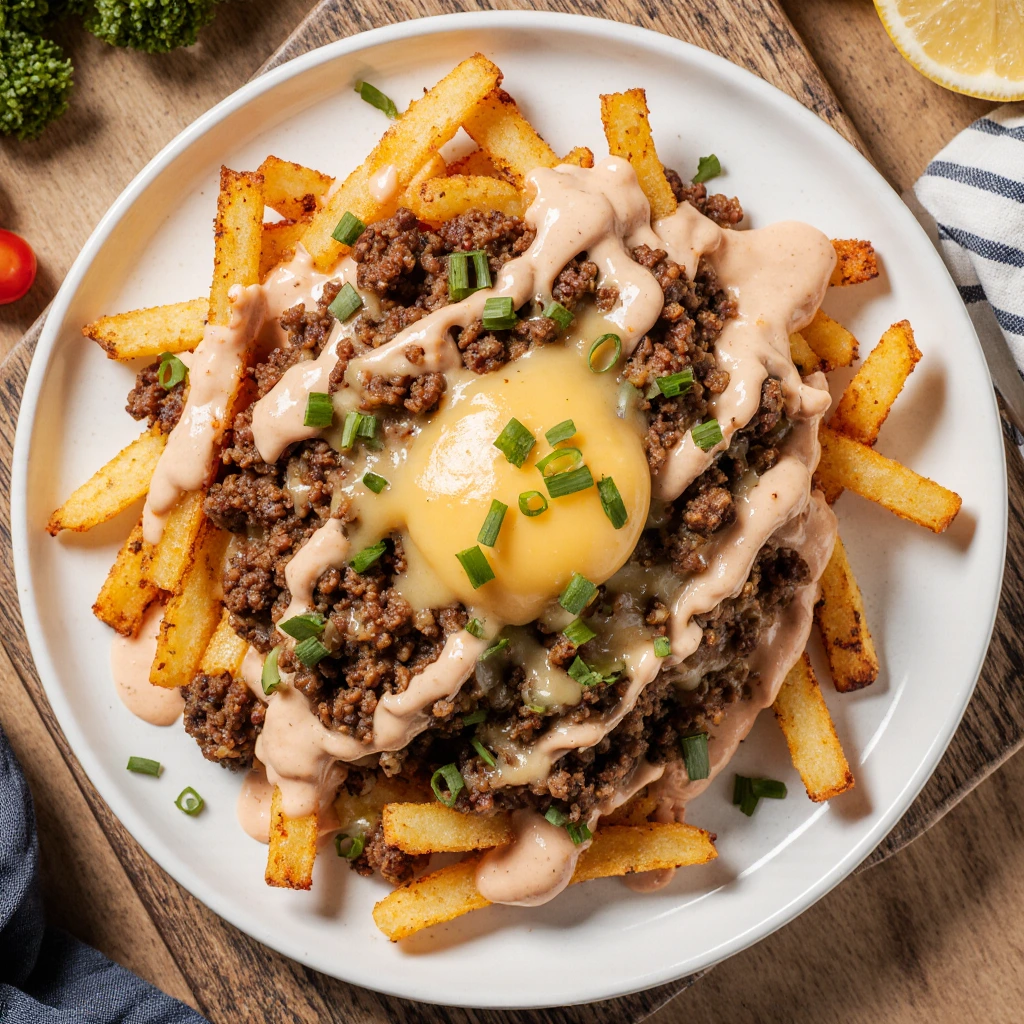 Beladene Pommes Frites mit Hackfleisch und Cheddar 3 Beladene Pommes Frites mit Hackfleisch und Cheddar