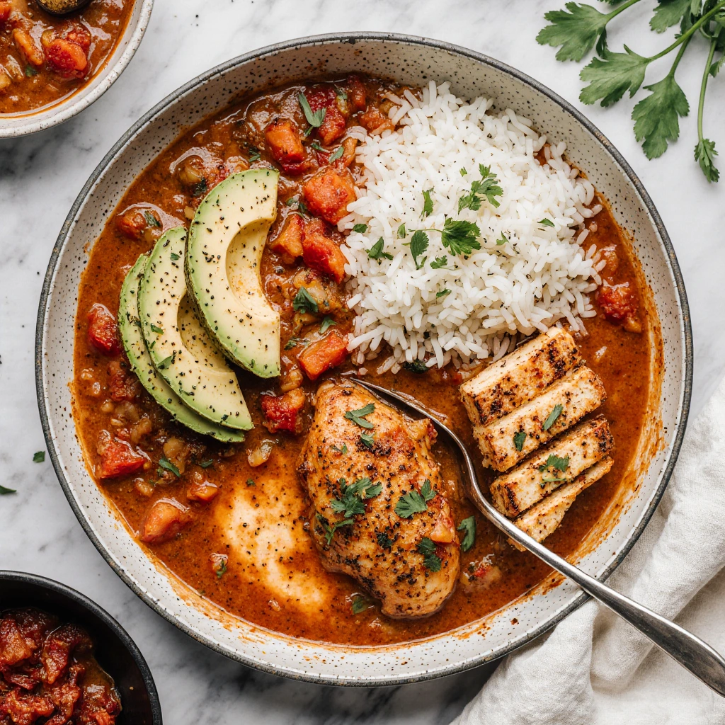 Hähnchenpfanne mit Reis und fruchtiger Paprika-Soße 2 Hähnchenpfanne mit Reis und fruchtiger Paprika-Soße