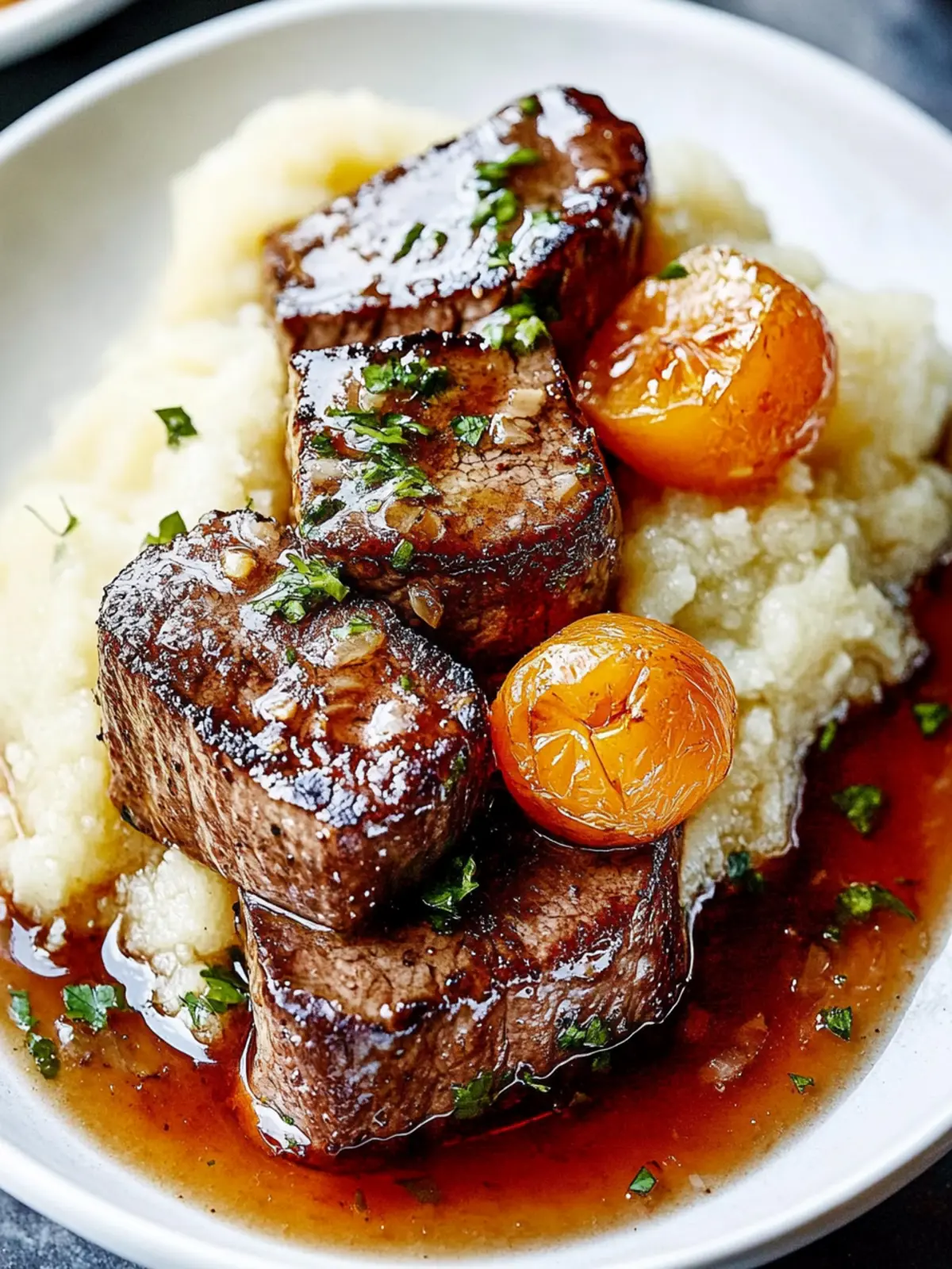 Knoblauchbutter-Rinderbissen mit Kartoffelpüree geniessen 3 Knoblauchbutter-Rinderbissen mit Kartoffelpüree