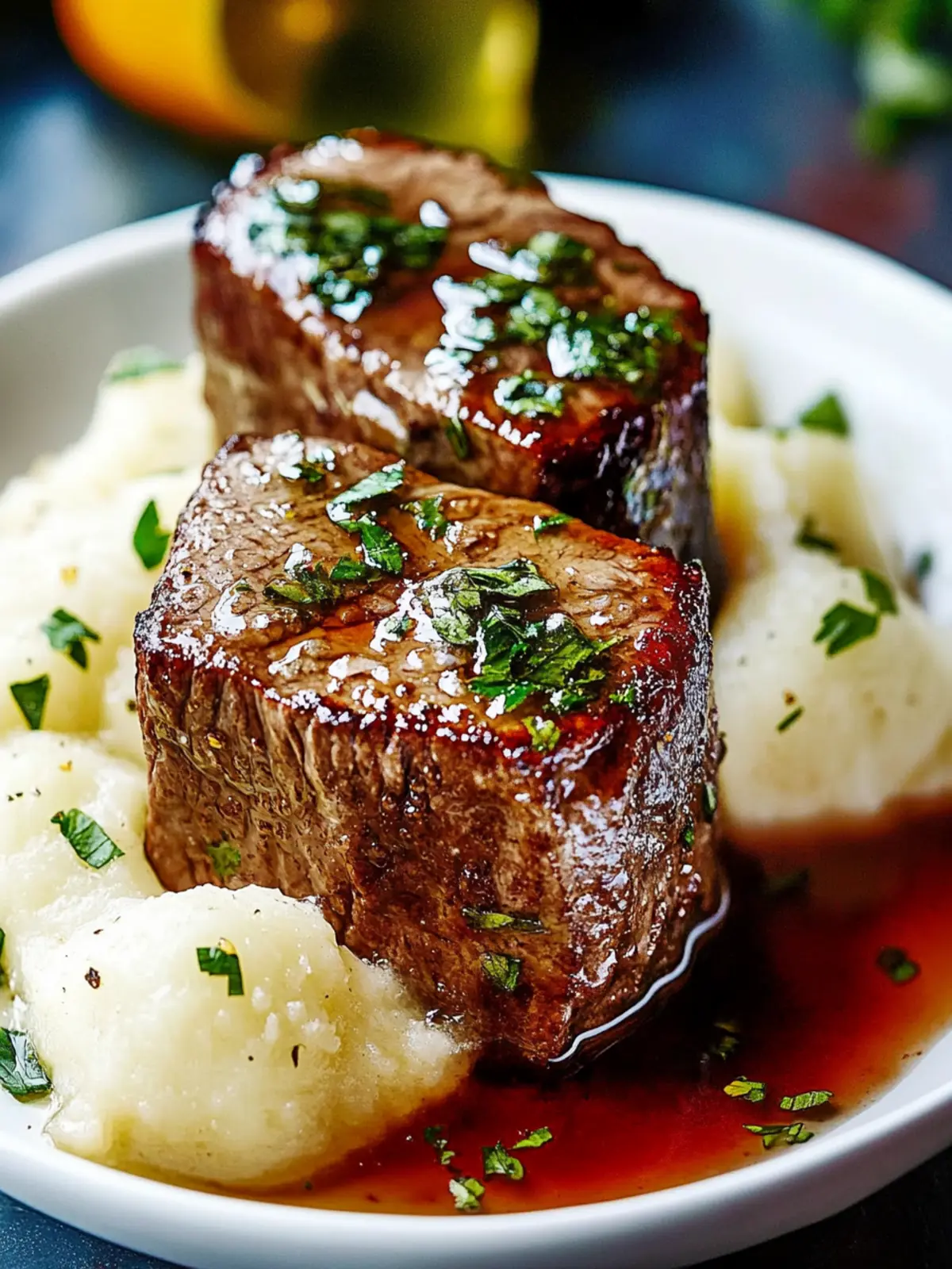 Knoblauchbutter-Rinderbissen mit Kartoffelpüree geniessen 4 Knoblauchbutter-Rinderbissen mit Kartoffelpüree