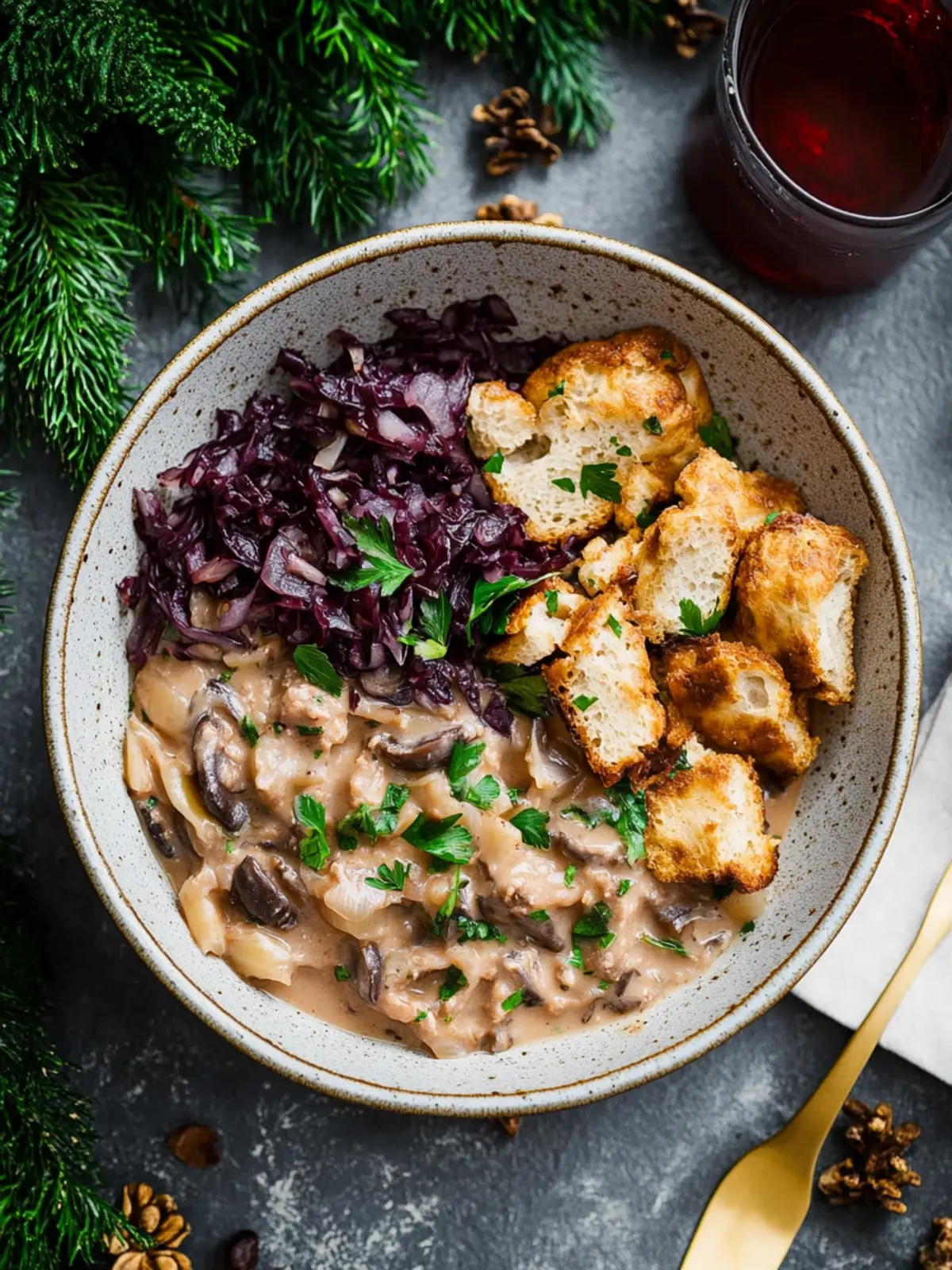 Pilz-Maronen-Ragout mit Ofenknödeln und Rotkraut Rezept 2 Pilz-Maronen-Ragout mit Ofenknödeln und Rotkraut Rezept