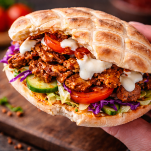 Vegane Dönertasche mit Rotkohl, Salat und zwei leckeren Soßen 2 Vegane Dönertasche mit Rotkohl, Salat und zwei leckeren Soßen