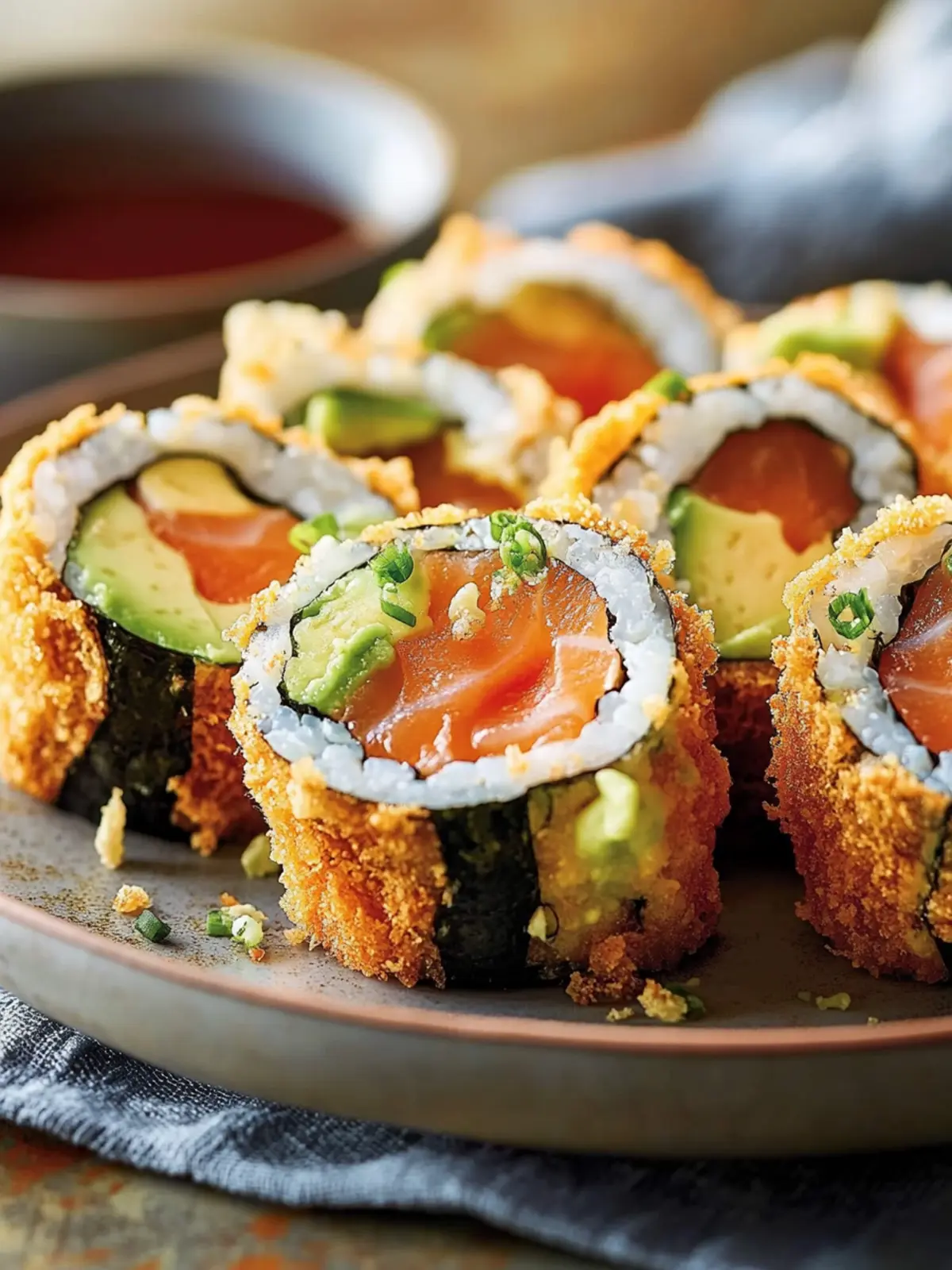 Knusprige gebratene Lachs- und Avocado-Rollen für zu Hause 4 Knusprige gebratene Lachs- und Avocado-Rollen