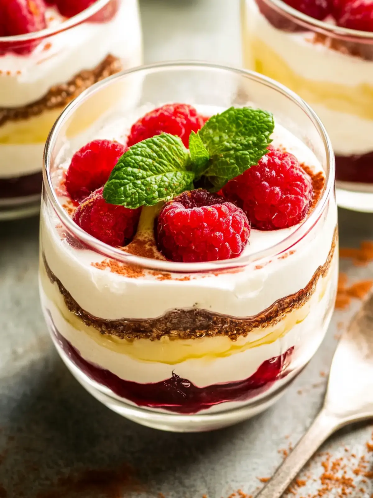 Cremiger Mascarpone Dessert mit gefrorenen Früchten 3 Creamy Mascarpone Dessert in a Glass with Frozen Fruits