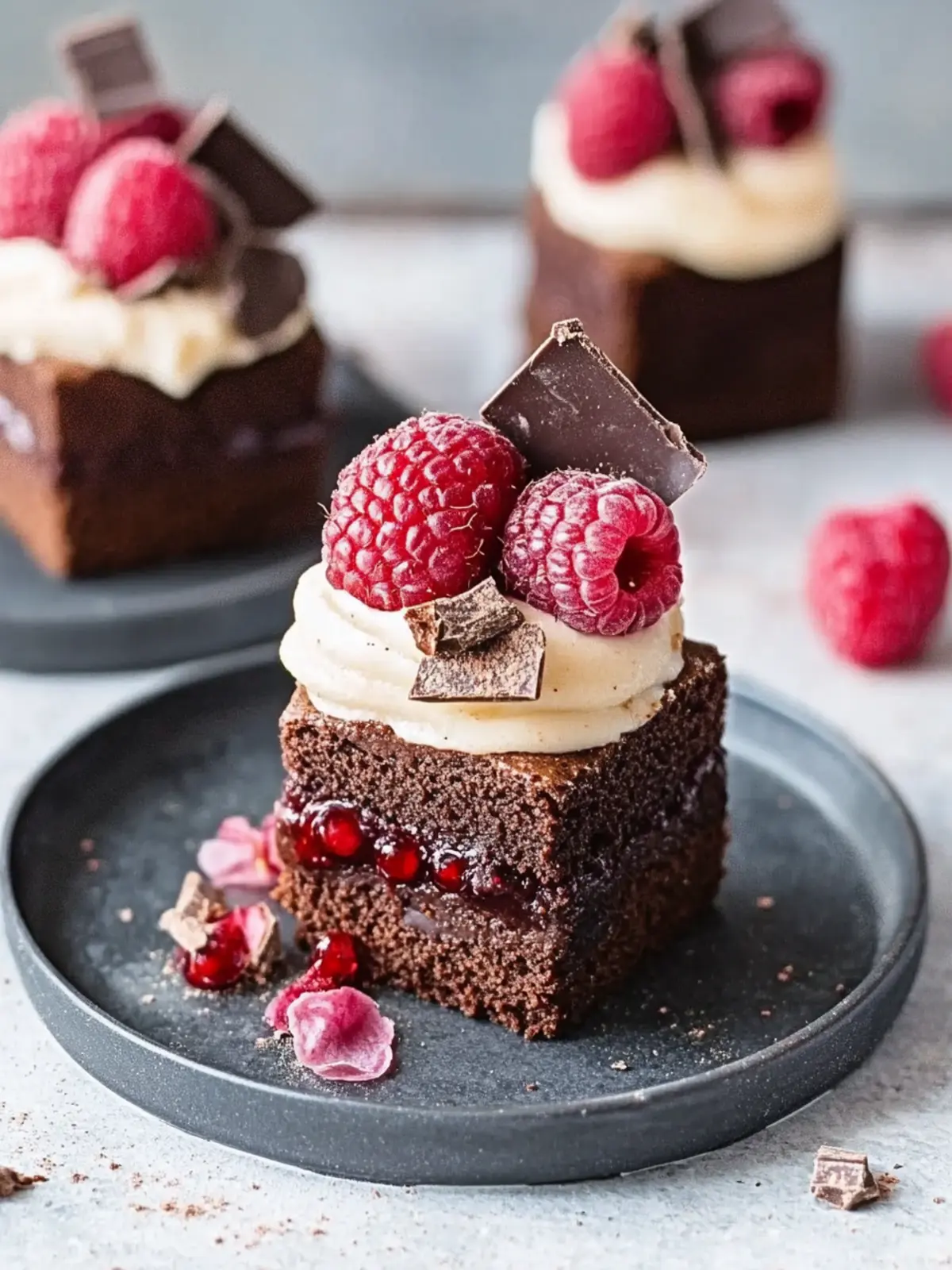 Brownie Mini-Törtchen mit Schokocreme und Himbeeren für Genussmomente 2 Brownie Mini-Törtchen mit Schokocreme und Himbeeren