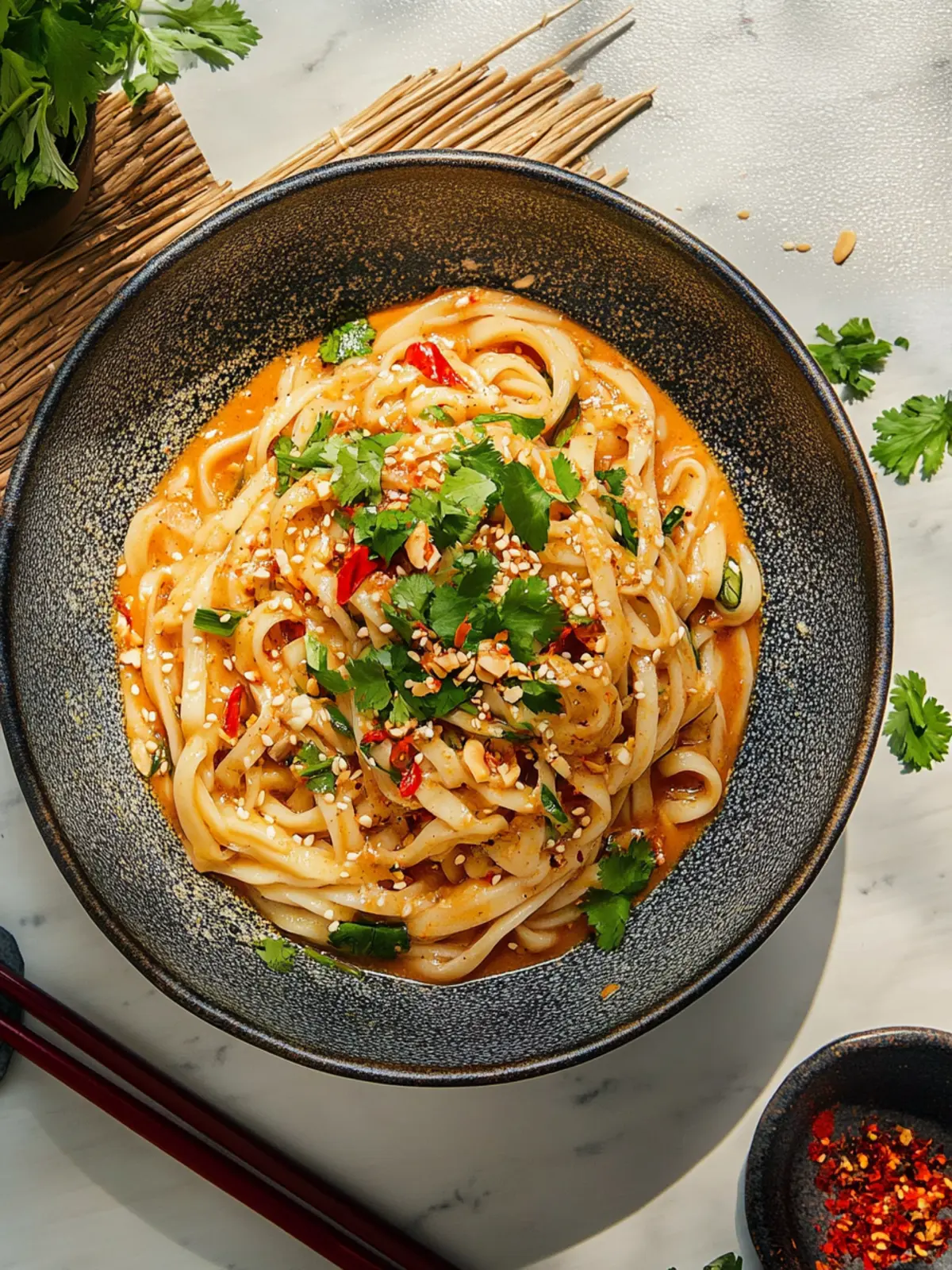 Udon Nudelpfanne mit Erdnusssoße und Chili: Schnell und Lecker 2 Udon noodle pan with peanut sauce and chili
