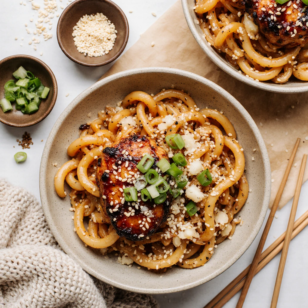 Knoblauchnudeln mit Teriyaki-Hähnchen für Genießer-Abende 2 Knoblauchnudeln mit Teriyaki-Hähnchen für Genießer-Abende
