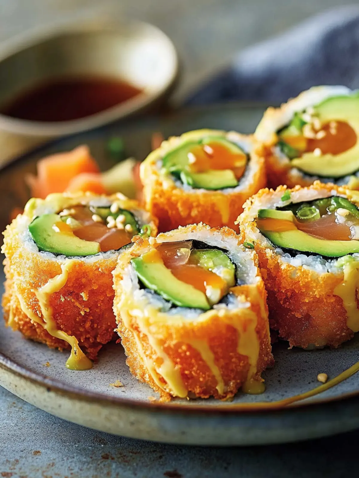 Knusprige gebratene Lachs- und Avocado-Rollen für zu Hause 2 Knusprige gebratene Lachs- und Avocado-Rollen