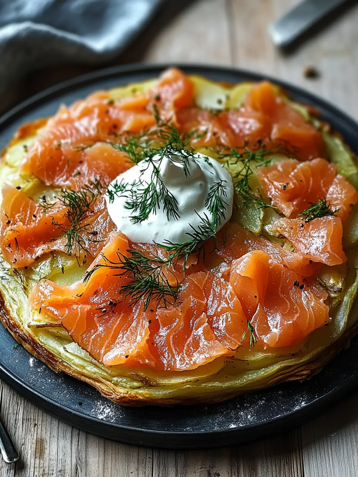 Knusprige Kartoffelgalette mit Räucherlachs und Crème Fraîche genießen 2 Crispy potato galette with smoked salmon and crème fraîche