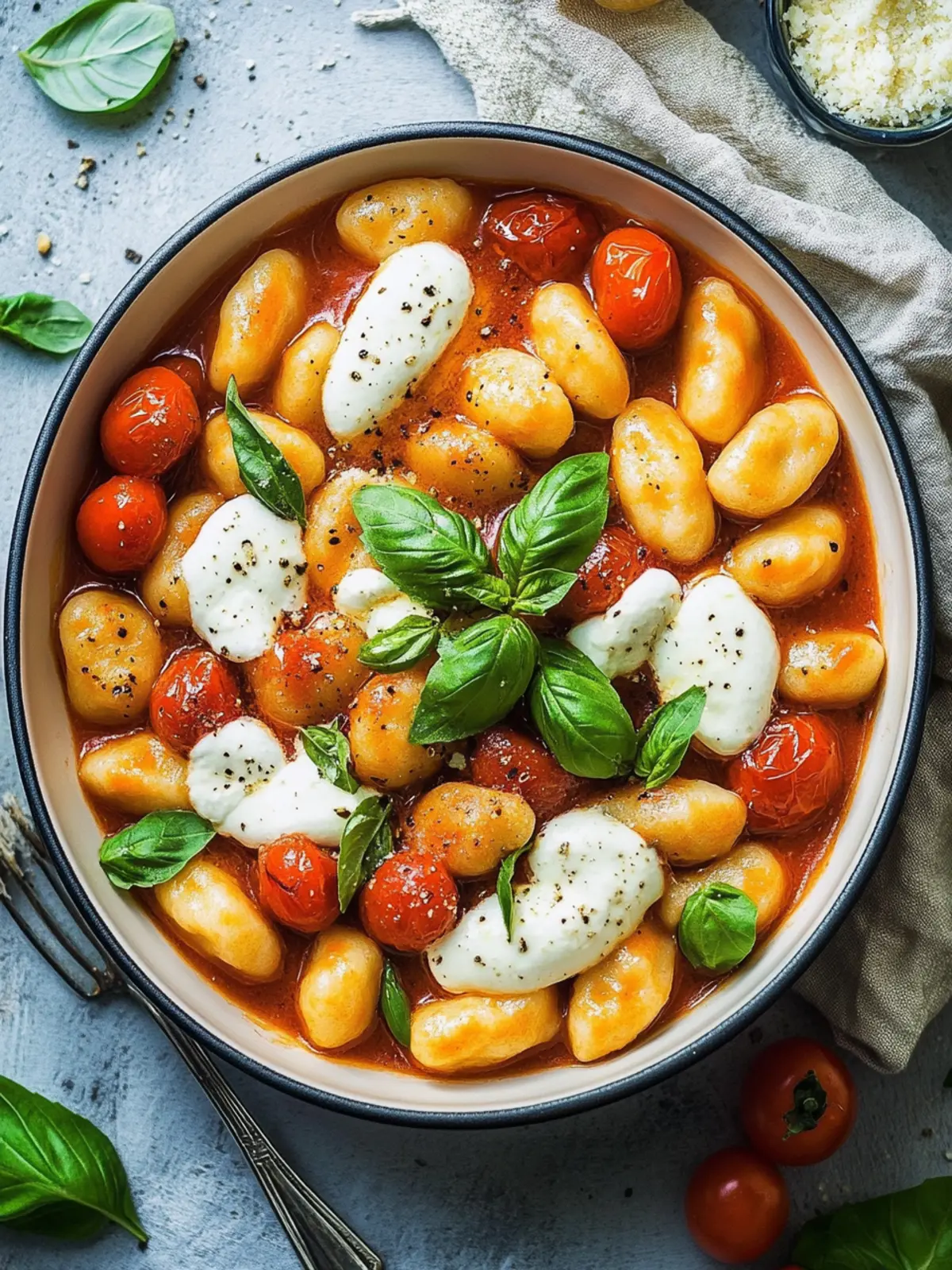 Leckere Gnocchi-Pfanne mit Mozzarella, Tomaten und Basilikum 5 Gnocchi-Pfanne mit Mozzarella, Tomaten und Basilikum