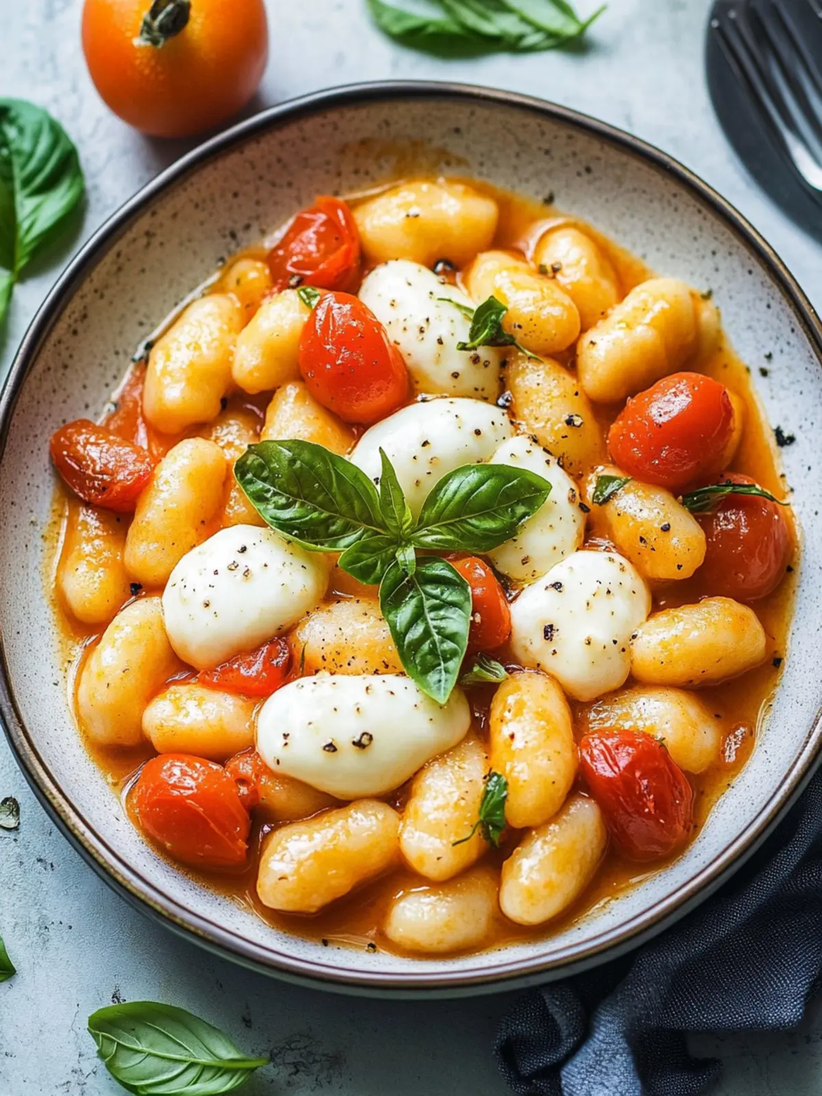 Leckere Gnocchi-Pfanne mit Mozzarella, Tomaten und Basilikum 4 Gnocchi-Pfanne mit Mozzarella, Tomaten und Basilikum