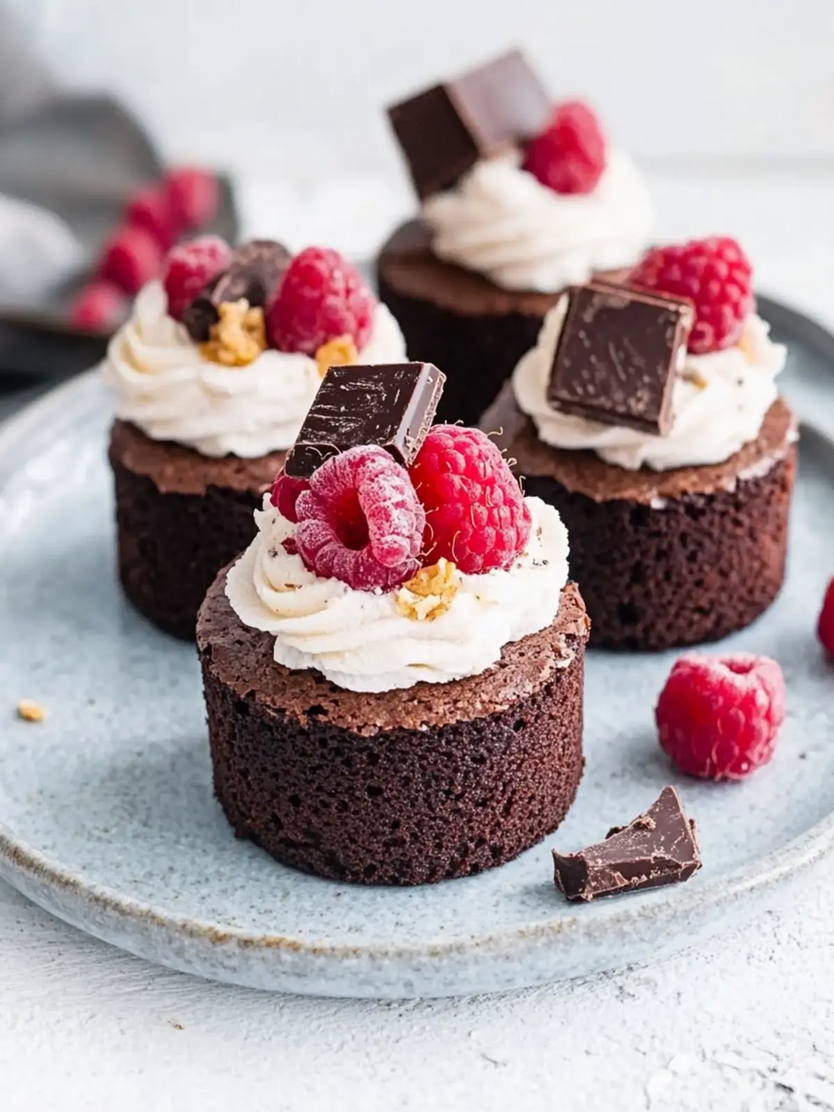 Brownie Mini-Törtchen mit Schokocreme und Himbeeren für Genussmomente 4 Brownie Mini-Törtchen mit Schokocreme und Himbeeren