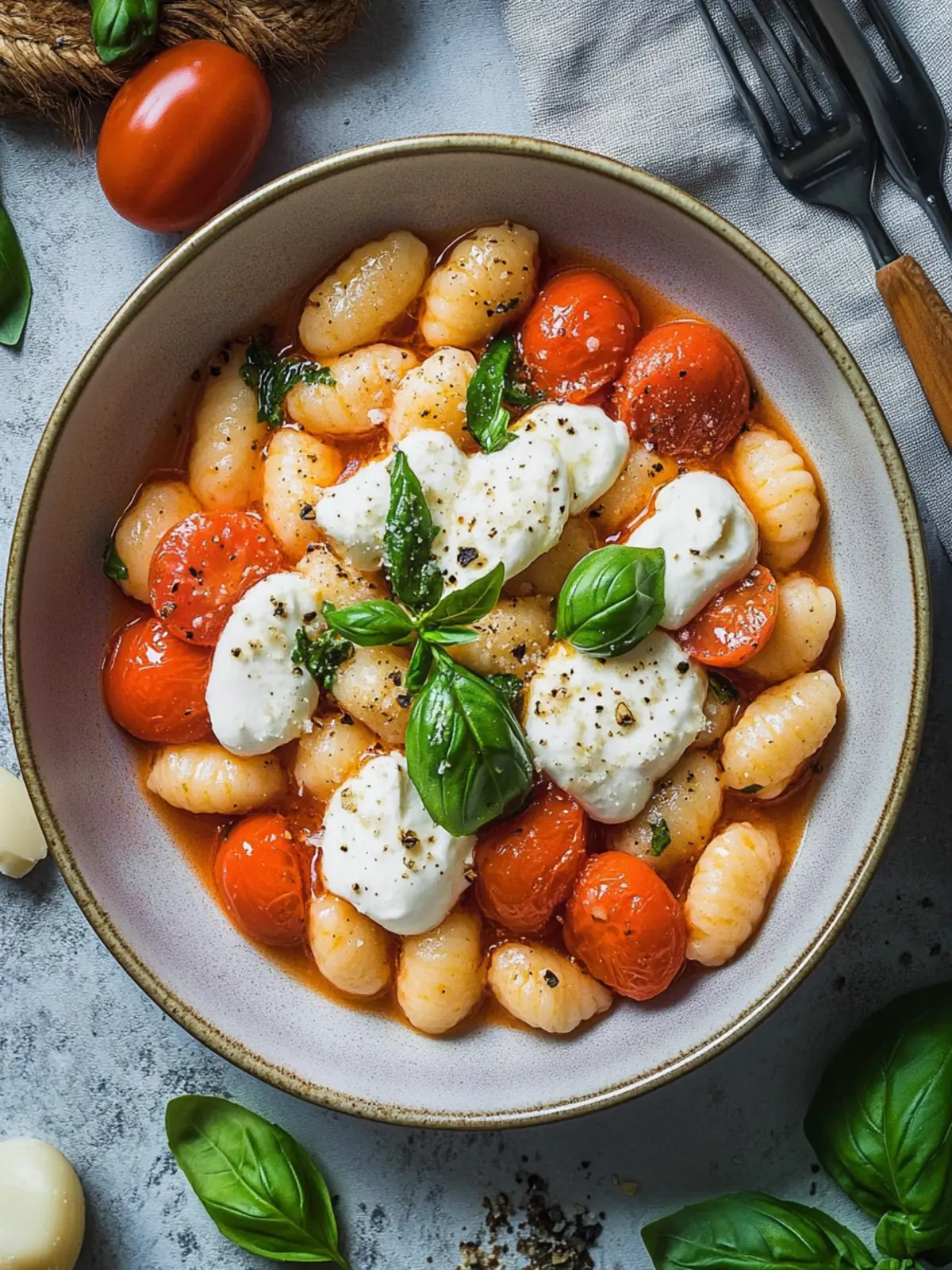 Leckere Gnocchi-Pfanne mit Mozzarella, Tomaten und Basilikum 2 Gnocchi-Pfanne mit Mozzarella, Tomaten und Basilikum