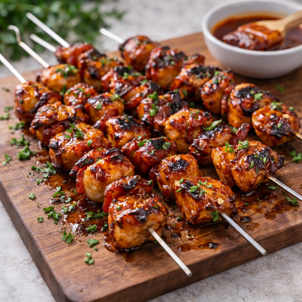 Gegrillte Honig-BBQ-Bacon-Hühnchen-Spieße für jeden Anlass 2 Gegrillte Honig-BBQ-Bacon-Hühnchen-Spieße für jeden Anlass