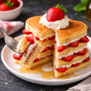 Herzförmiger Erdbeer-Pfannkuchenstapel für ein romantisches Frühstück 2 Herzförmiger Erdbeer-Pfannkuchenstapel für ein romantisches Frühstück