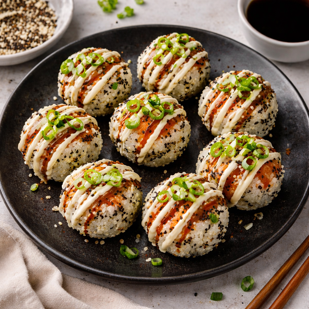 Sushi-Reisbällchen mit Lachs und Avocado für perfekten Genuss 3 Sushi-Reisbällchen mit Lachs und Avocado für perfekten Genuss
