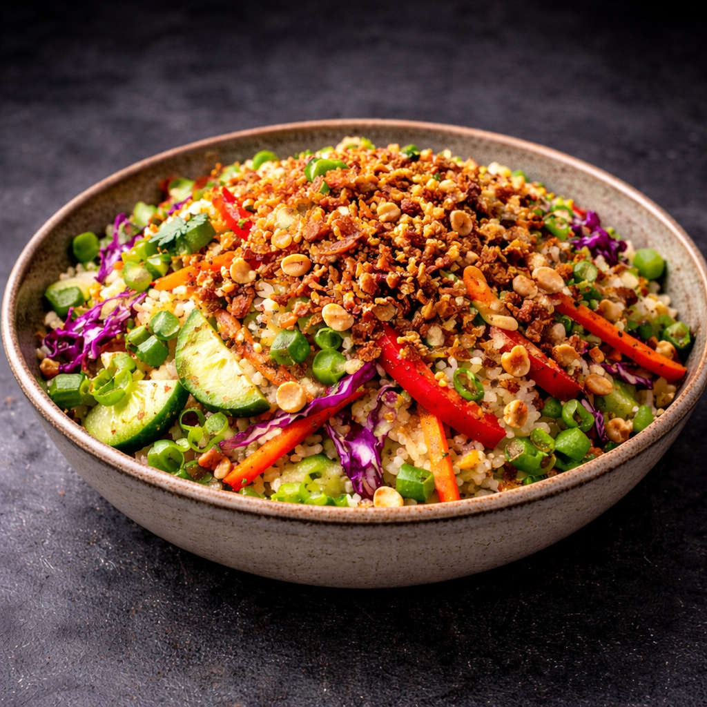 Knuspriger Satay-Reis-Salat mit cremigem Erdnuss-Dressing 3 Knuspriger Satay-Reis-Salat mit cremigem Erdnuss-Dressing