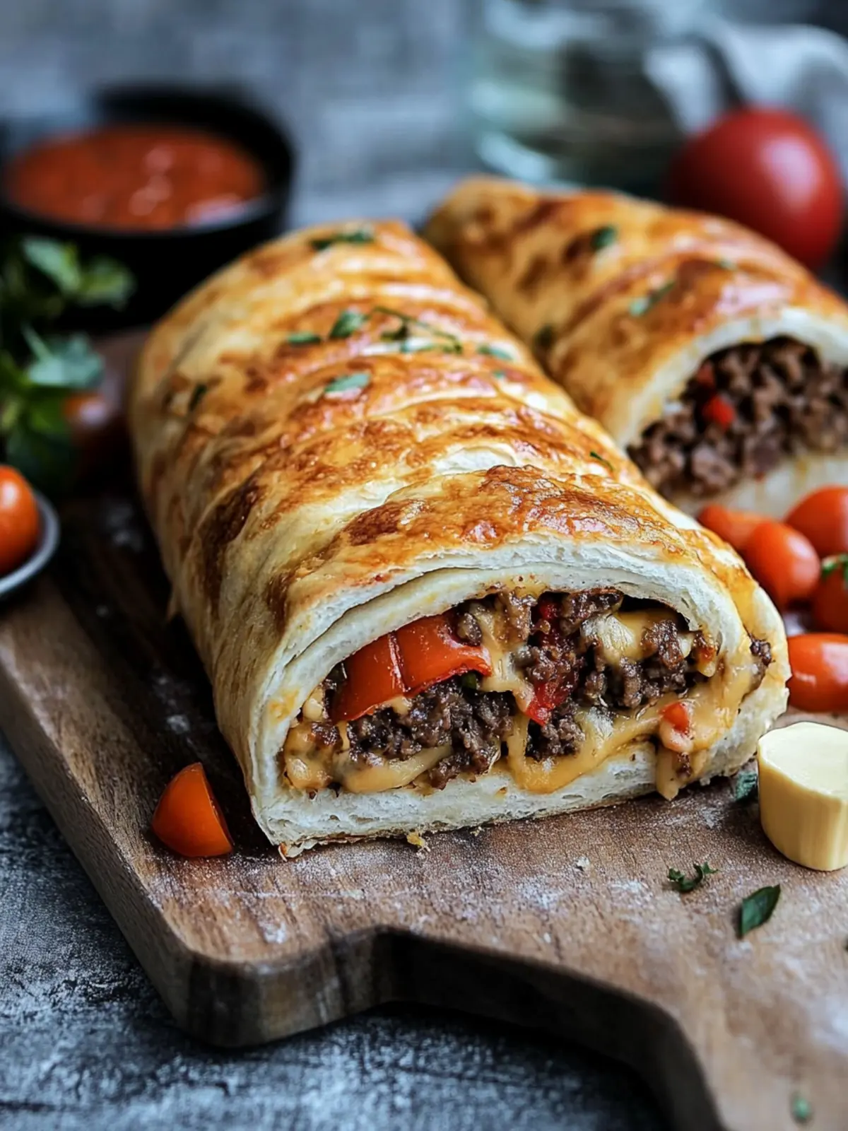 Cheeseburger Rolle mit Pizzateig aus dem Ofen