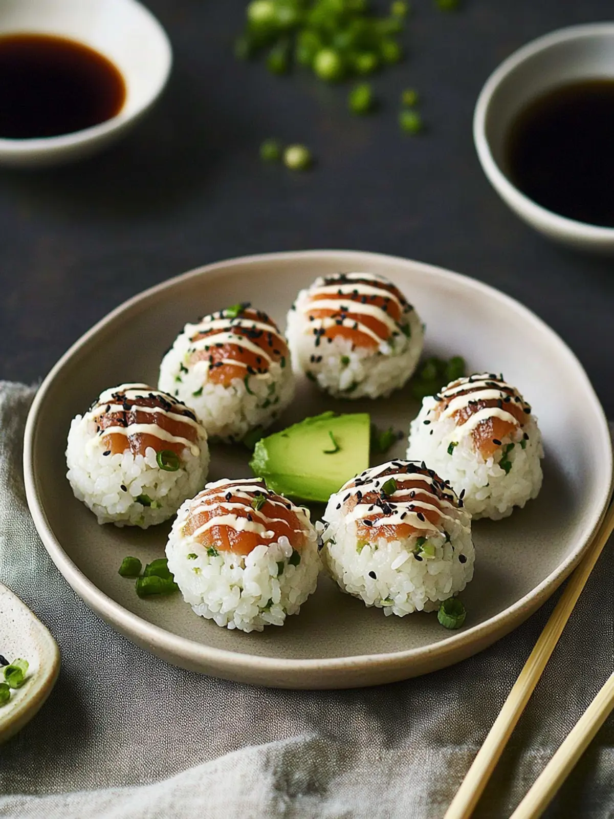 Sushi-Reisbällchen mit Lachs und Avocado für perfekten Genuss 5 Sushi-Reisbällchen mit Lachs und Avocado