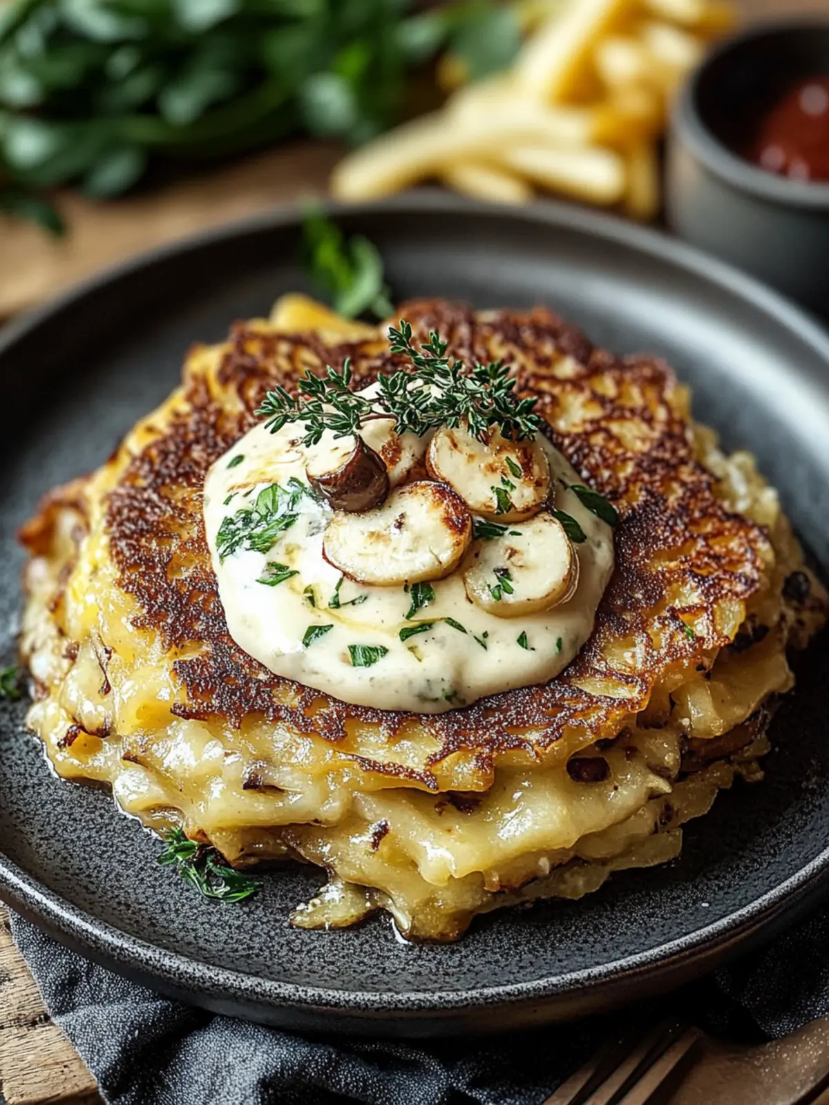 Mozzarella-Rösti mit Zwiebel-Pilzrahmsauce: Unglaublich lecker! 5 Mozzarella-Rösti mit Zwiebel-Pilzrahmsauce