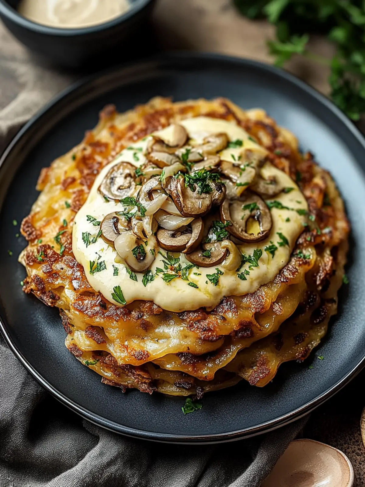 Mozzarella-Rösti mit Zwiebel-Pilzrahmsauce: Unglaublich lecker! 4 Mozzarella-Rösti mit Zwiebel-Pilzrahmsauce
