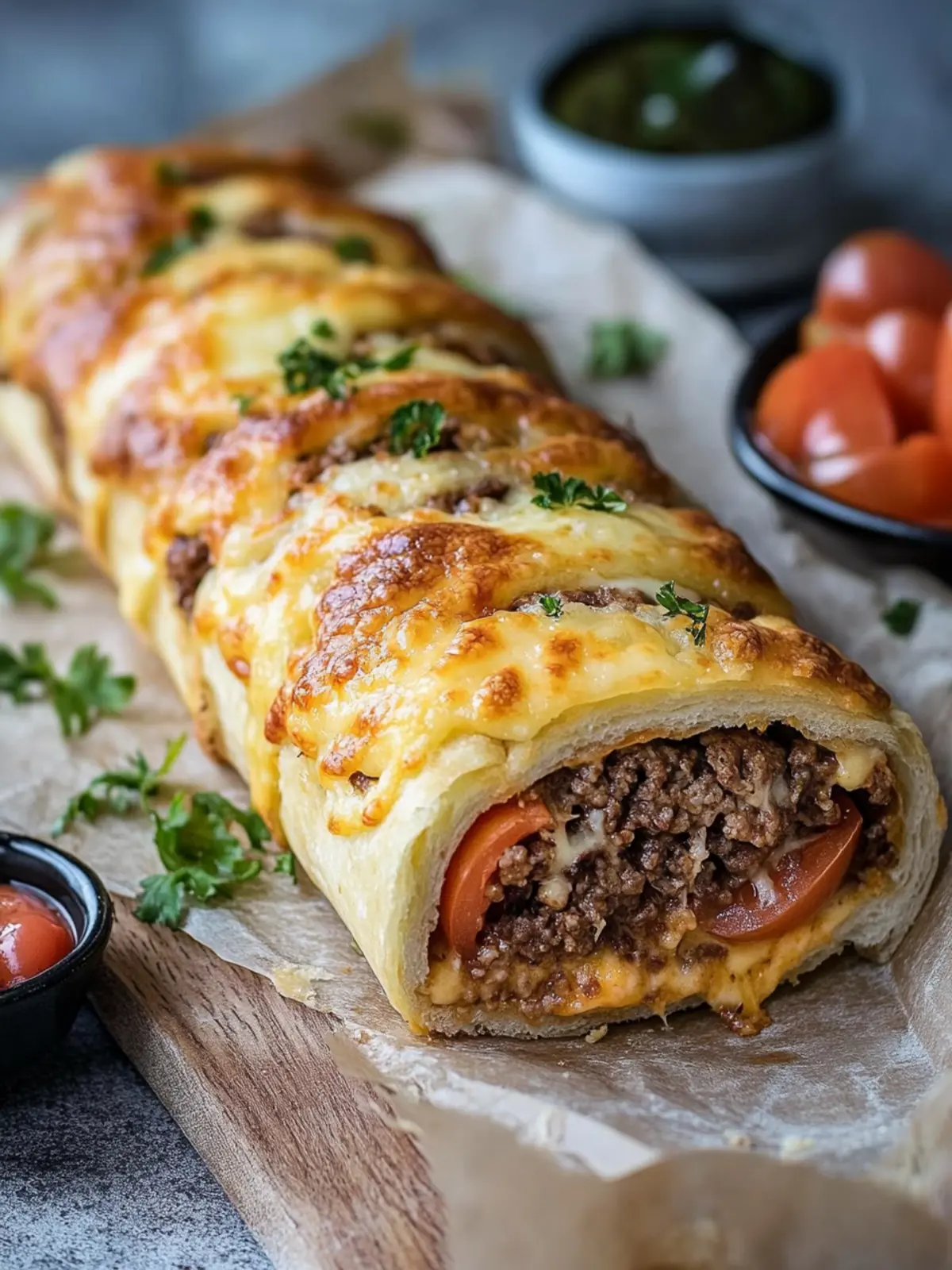 Köstliche Cheeseburger Rolle mit Pizzateig aus dem Ofen 2 Cheeseburger Rolle mit Pizzateig aus dem Ofen