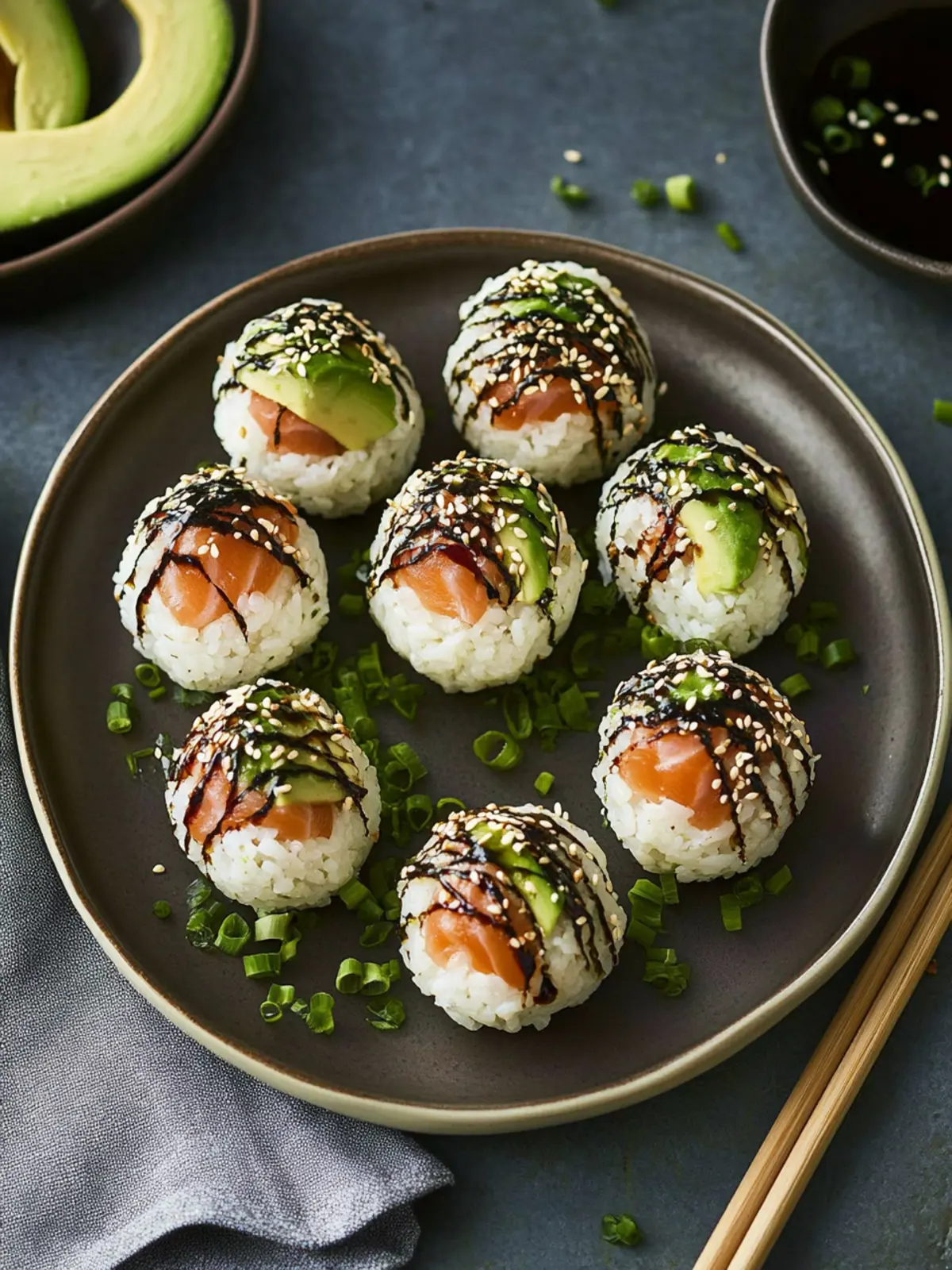 Sushi-Reisbällchen mit Lachs und Avocado für perfekten Genuss 2 Sushi-Reisbällchen mit Lachs und Avocado