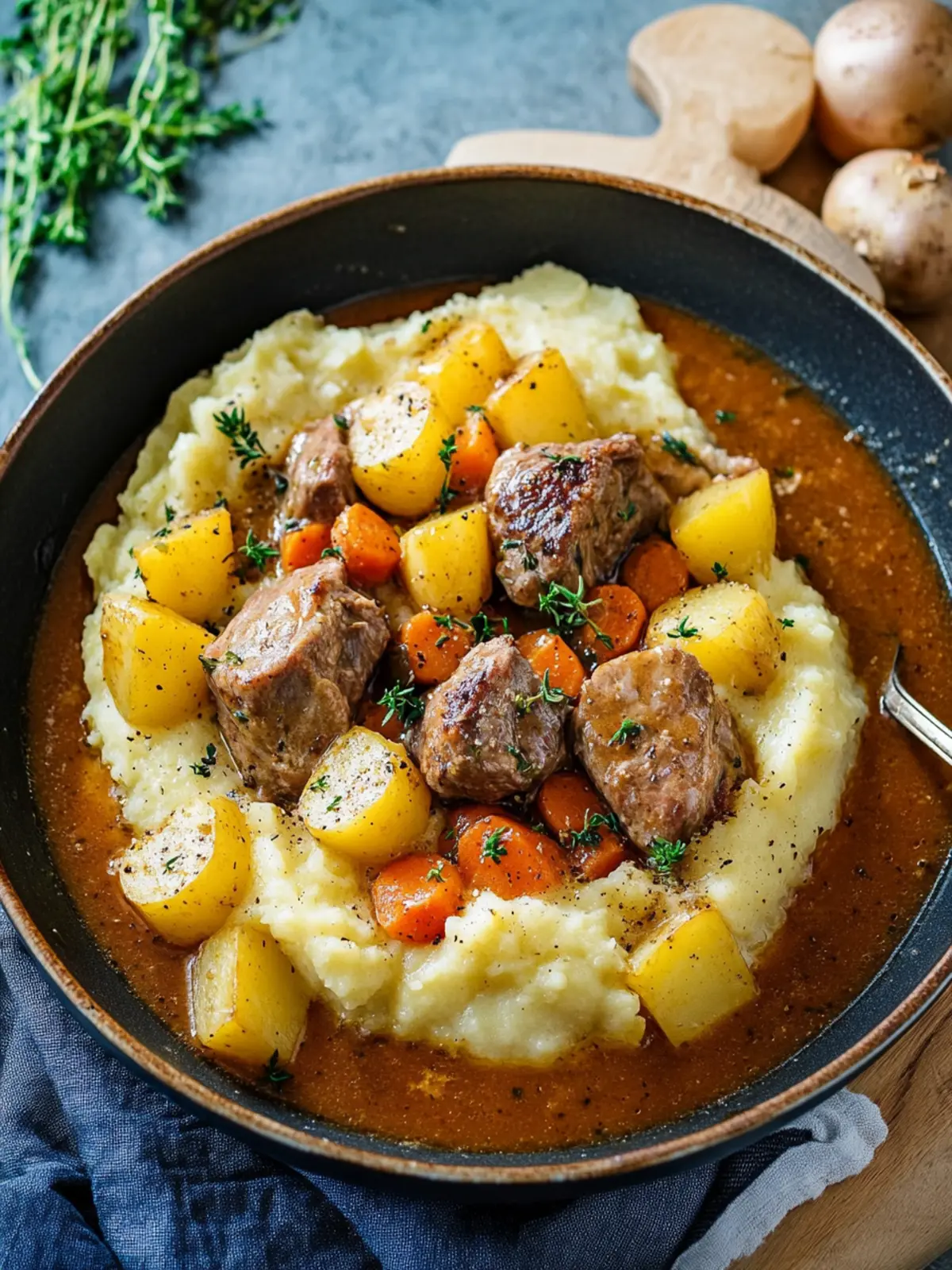 Einfacher Rinderschmortopf mit Kartoffelpüree: Herzlicher Genuss 2 einfacher Rinderschmortopf mit Kartoffelpüree