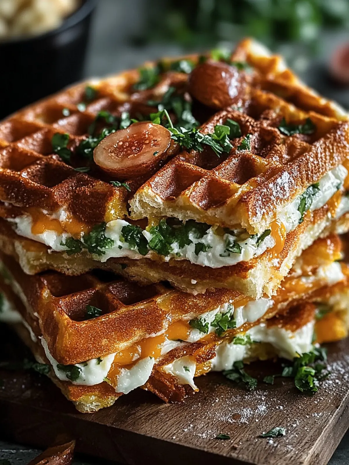 Herzhafte Cheddar-Lauch Waffel-Sandwiches für perfekten Genuss 4 Herzhafte Cheddar-Lauch Waffel-Sandwiches