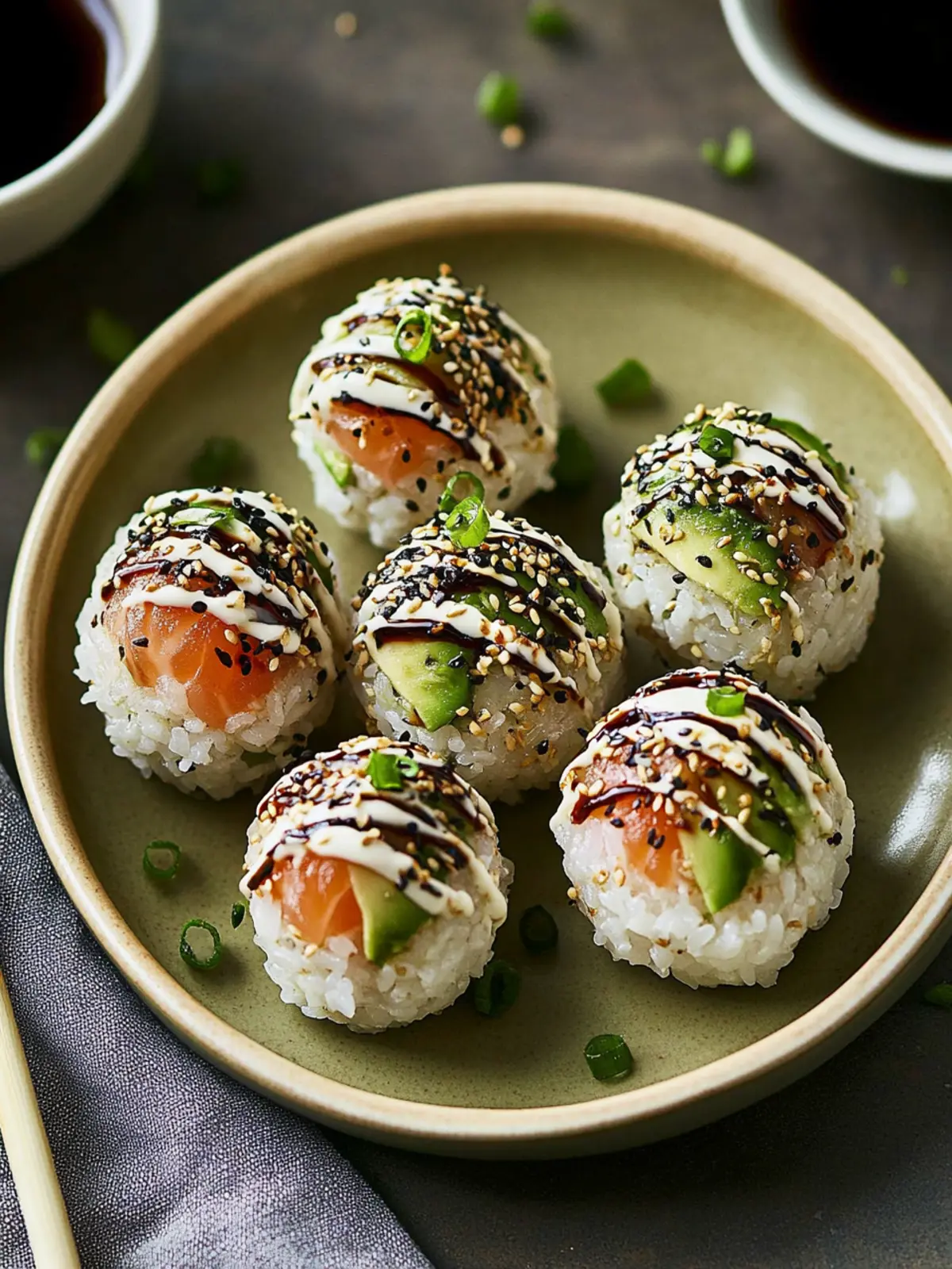 Sushi-Reisbällchen mit Lachs und Avocado für perfekten Genuss 4 Sushi-Reisbällchen mit Lachs und Avocado