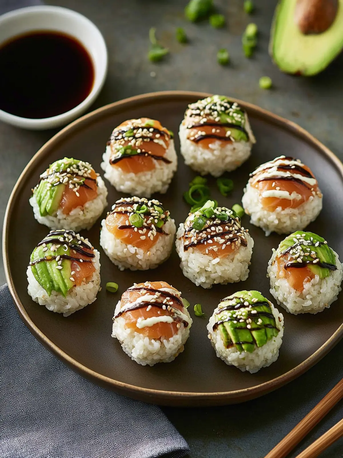 Sushi-Reisbällchen mit Lachs und Avocado für perfekten Genuss 3 Sushi-Reisbällchen mit Lachs und Avocado