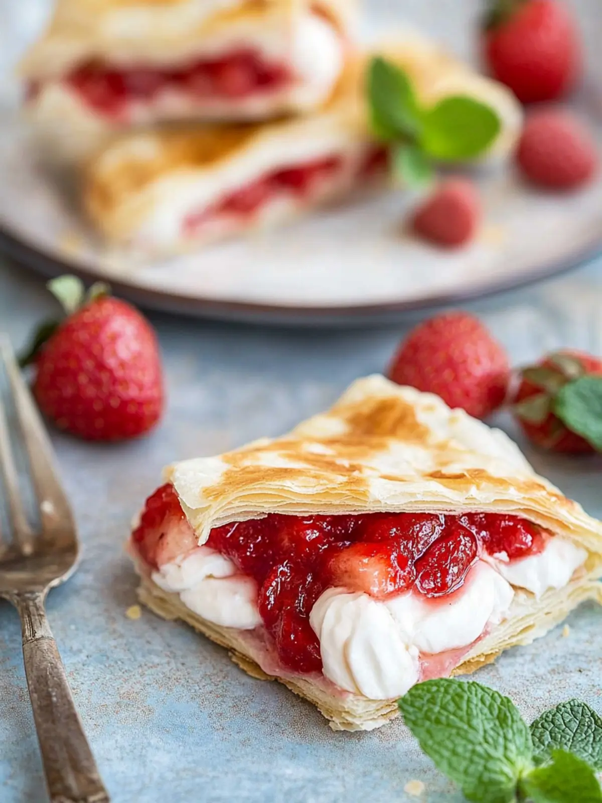 Schnelle Blätterteigtaschen mit Erdbeeren und Minze genießen 4 Quick puff pastry pockets filled with strawberries and mint