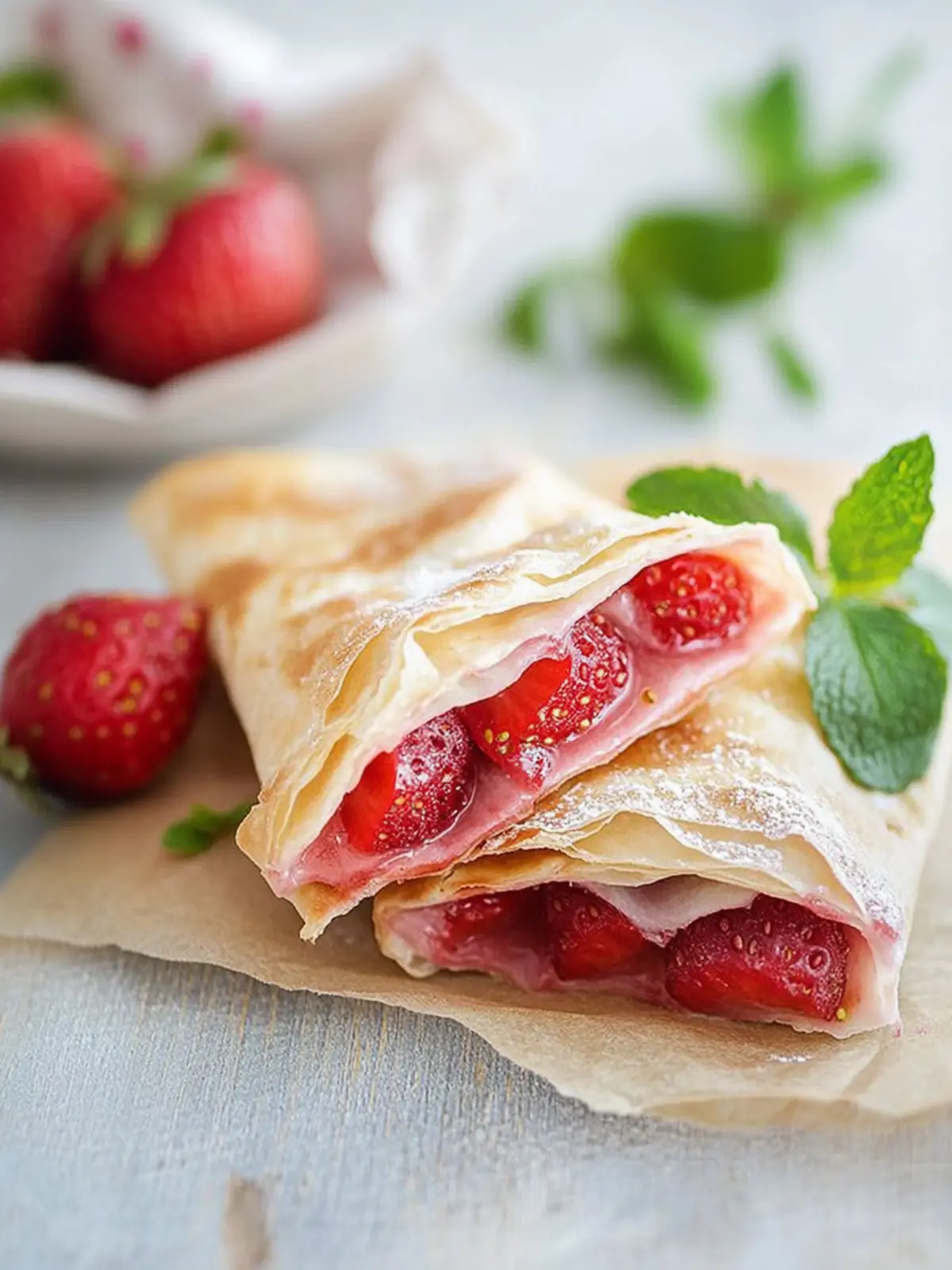 Schnelle Blätterteigtaschen mit Erdbeeren und Minze genießen 2 Quick puff pastry pockets filled with strawberries and mint